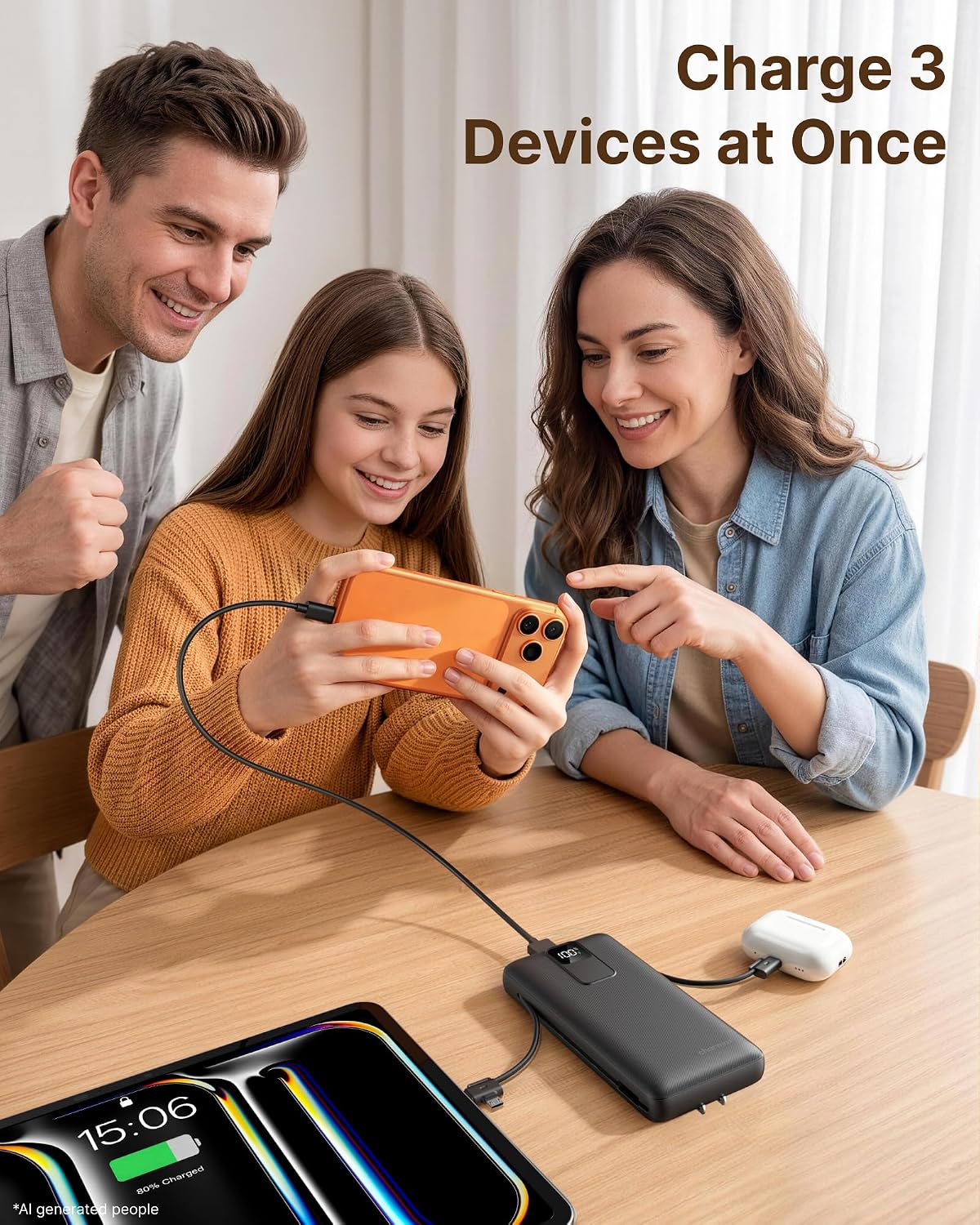 Detalle de charmast 20,000mAh Portable Charger with Built-In Cables and AC Plug