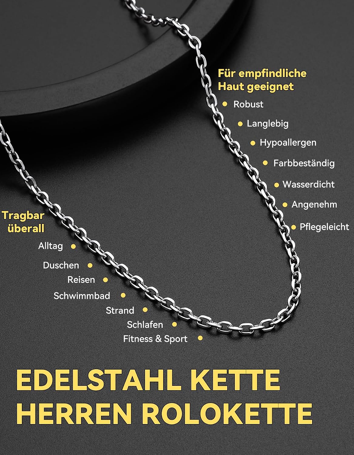 Detalle de ChainsHouse Rolokette Edelstahl – 3/5/7/9/12 mm breit, 46–76 cm, O-Kette/Ankerkette