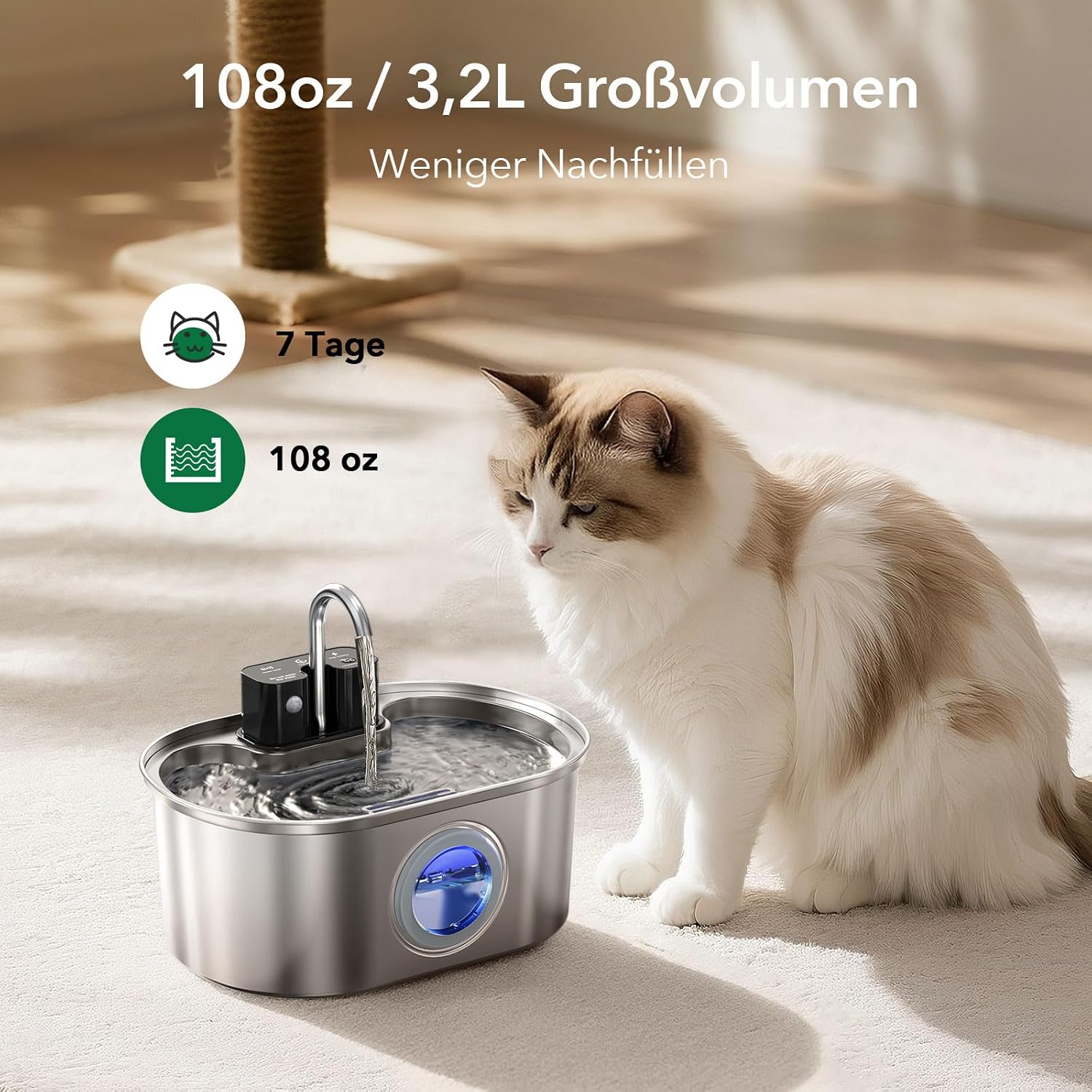 Thumbnail 1 de PEKTACO kabelloser Katzenbrunnen aus Edelstahl (3,2 L) mit Bewegungssensor, 24/7 & Mehrfachfilterung