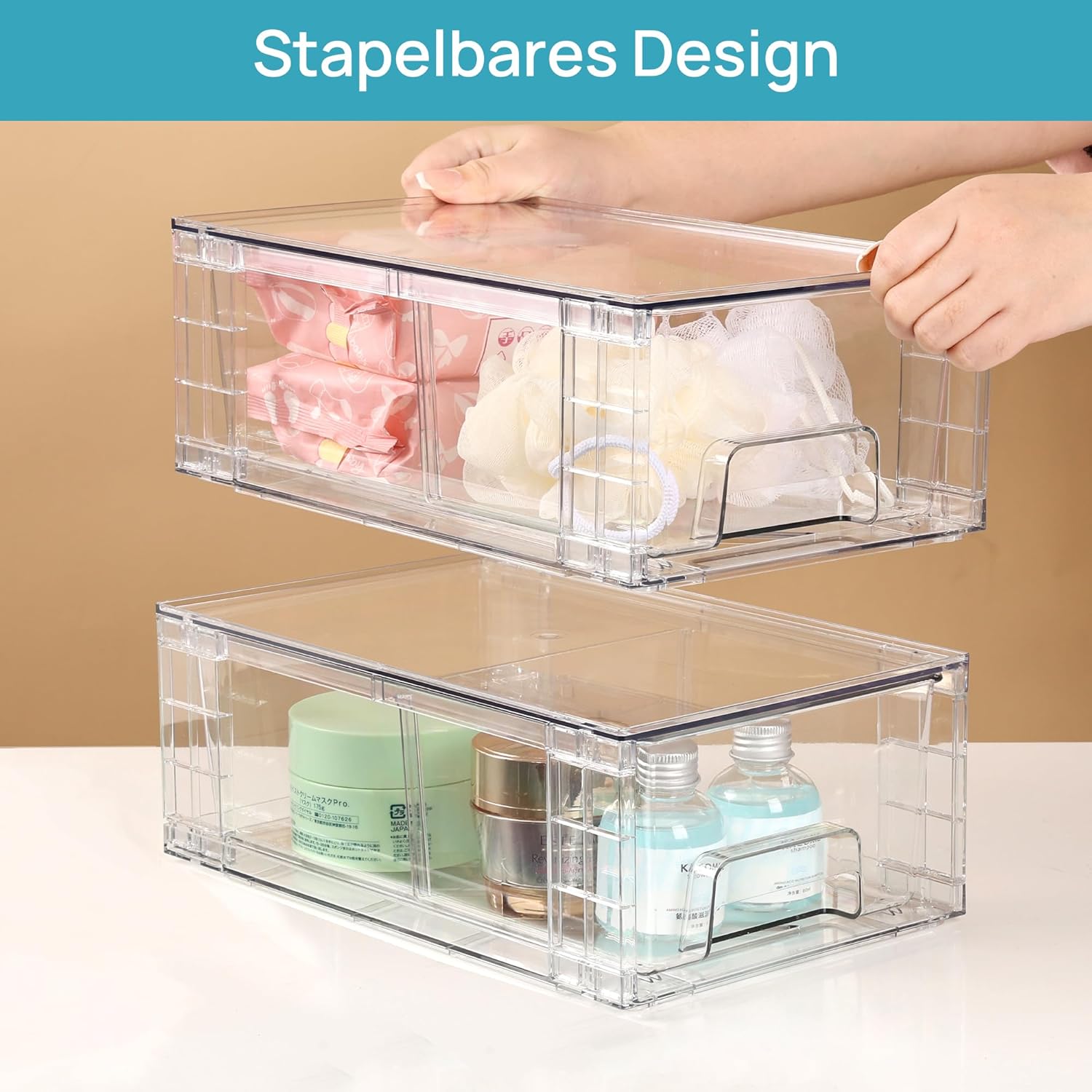 Detalle 2 de Vtopmart 6 Stücke Transparente Schubladenboxen – Stapelbar, mit Trennwänden, ideal für Kühlschrank, Bad und Speisekammer
