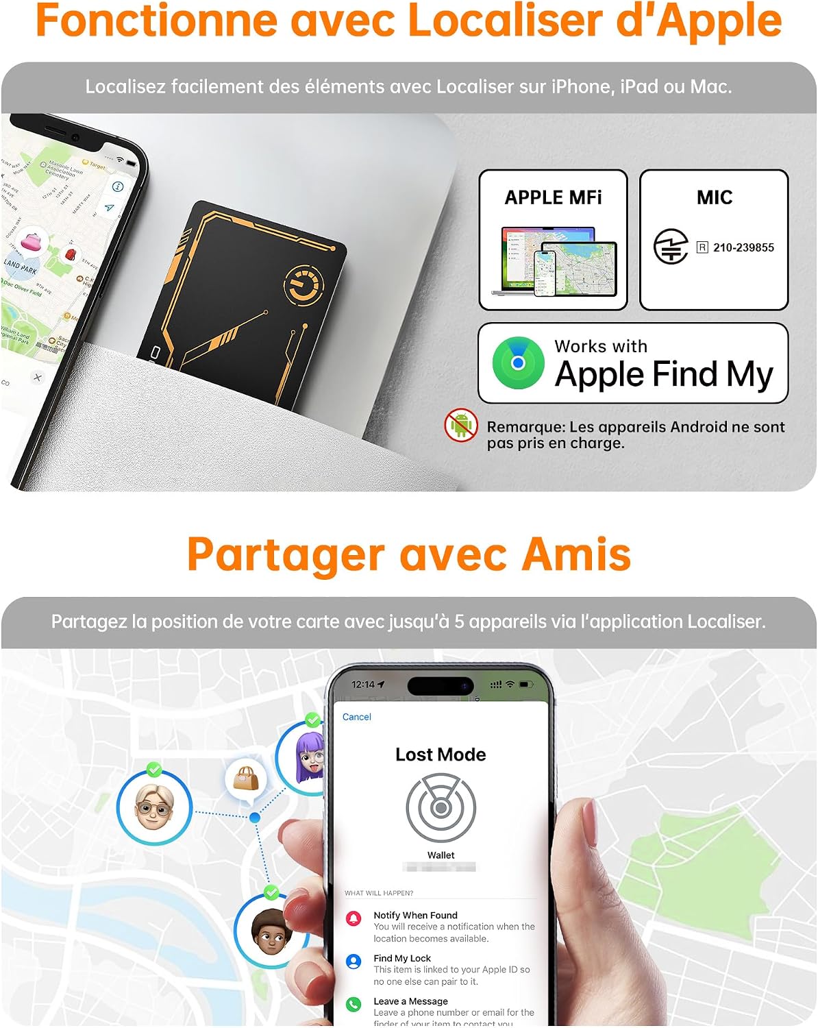 Detalle 2 de NOVOO Item Location Air Tag 1.6mm Slim – Carte Bague AirTag compatible, IP68, 6 ans d’autonomie, mode perdu – pour portefeuille, bagages et passeport (iOS uniquement)