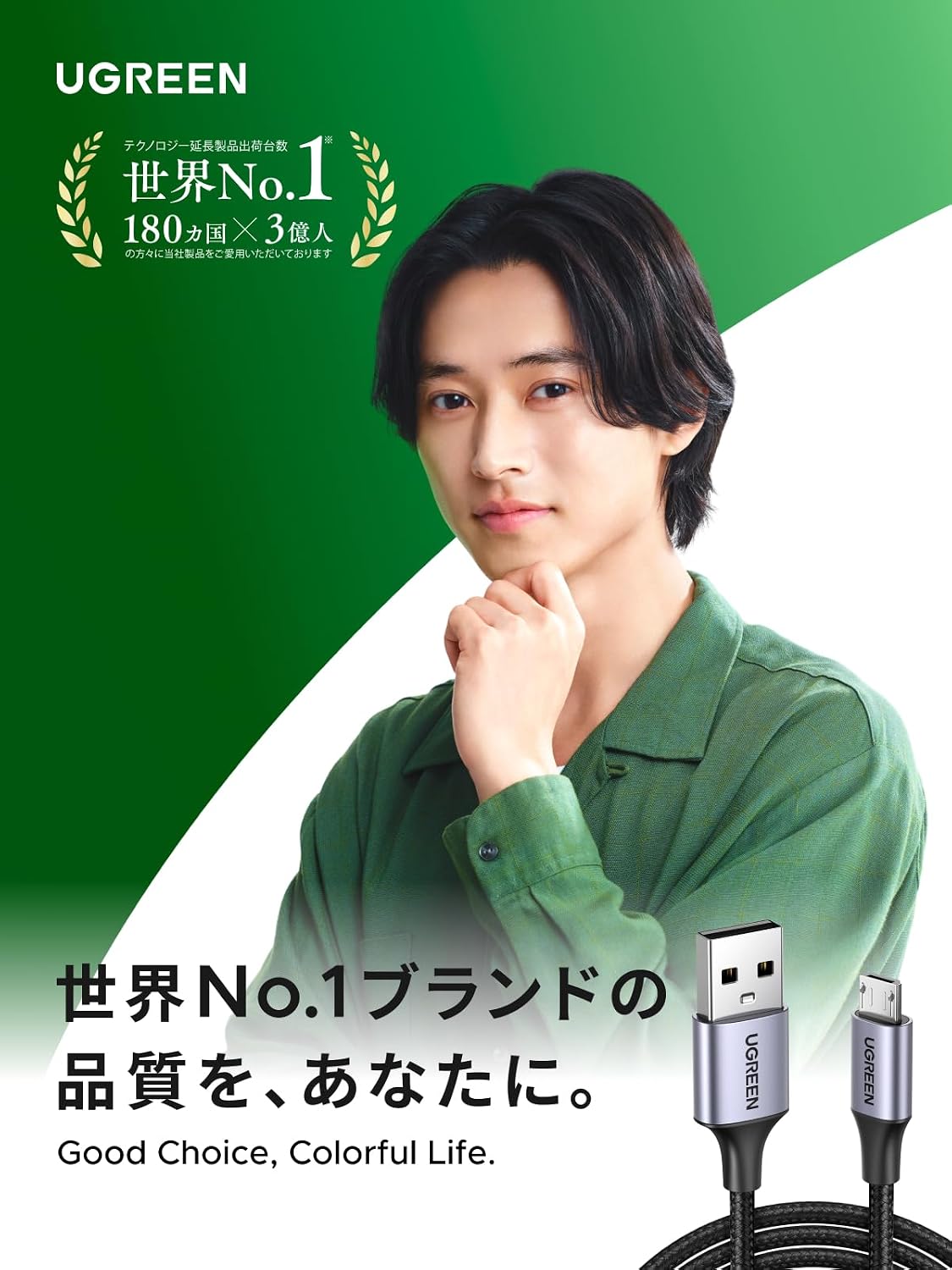 Detalle de UGREEN Micro USBケーブル ナイロン編み・最大18W充電・480Mbpsデータ転送