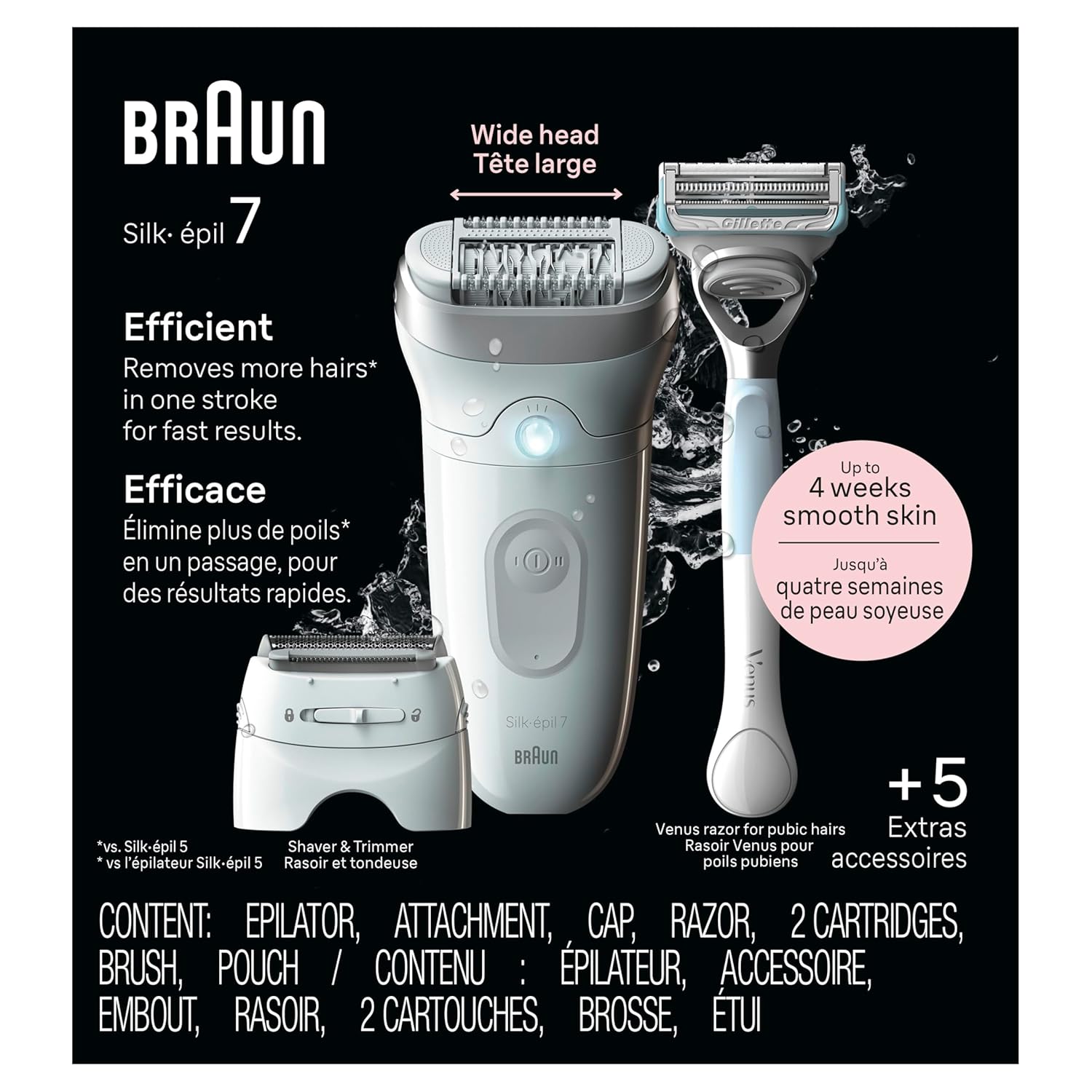 Braun Silk-épil 7 Epilator SE7-141 — Wet & Dry, Wide Head with Venus Razor, Shaver Head & Trimmer Comb