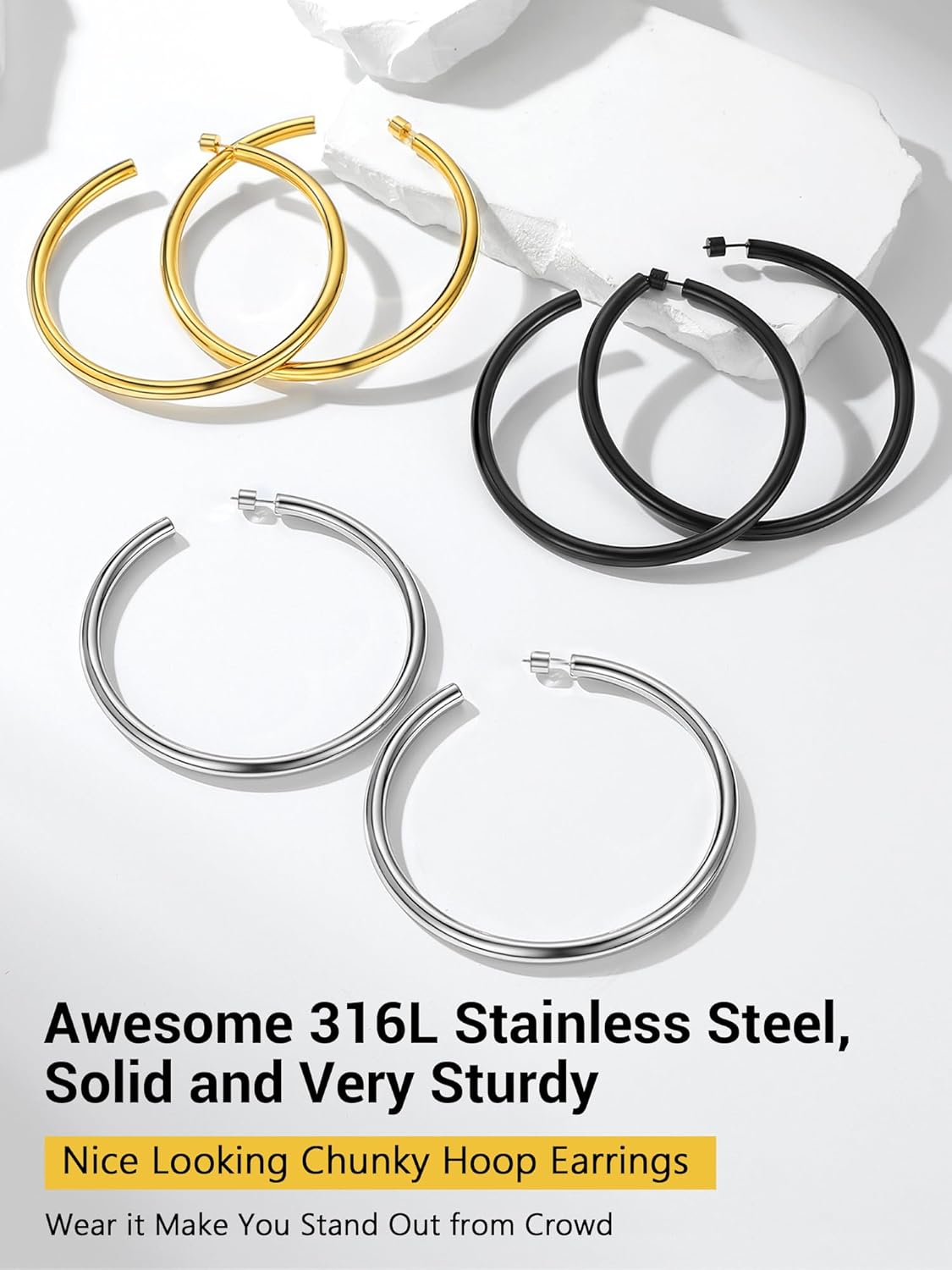 Thumbnail 6 de PROSTEEL Boucles d’oreilles demi-créoles ouvertes en acier inoxydable et plaqué or (anneaux 20/30/40/60/80 mm)