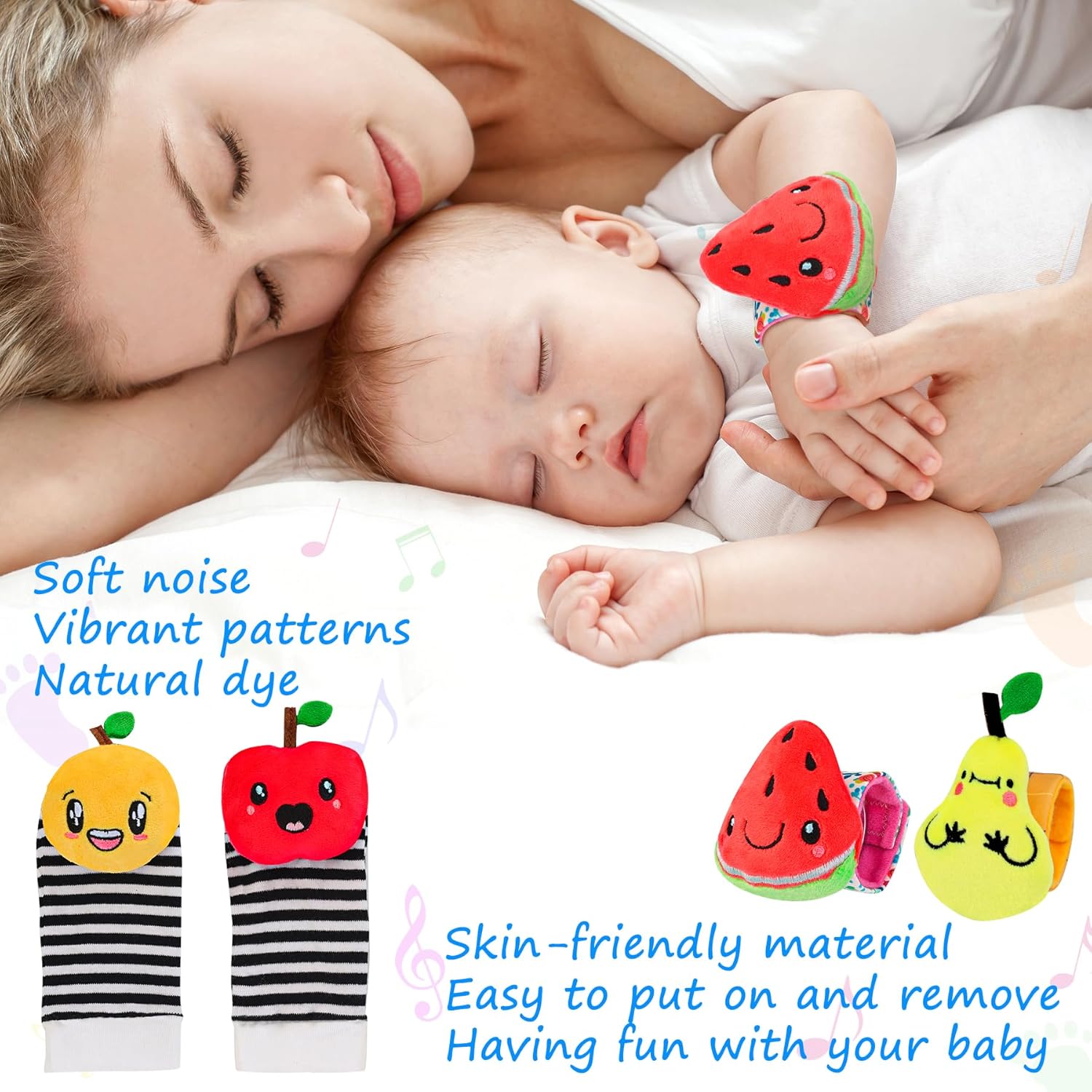 Thumbnail 3 de Foot Finders & Wrist Rattles for Infants (0–6 Months) – Fruit-themed soft rattle sock set