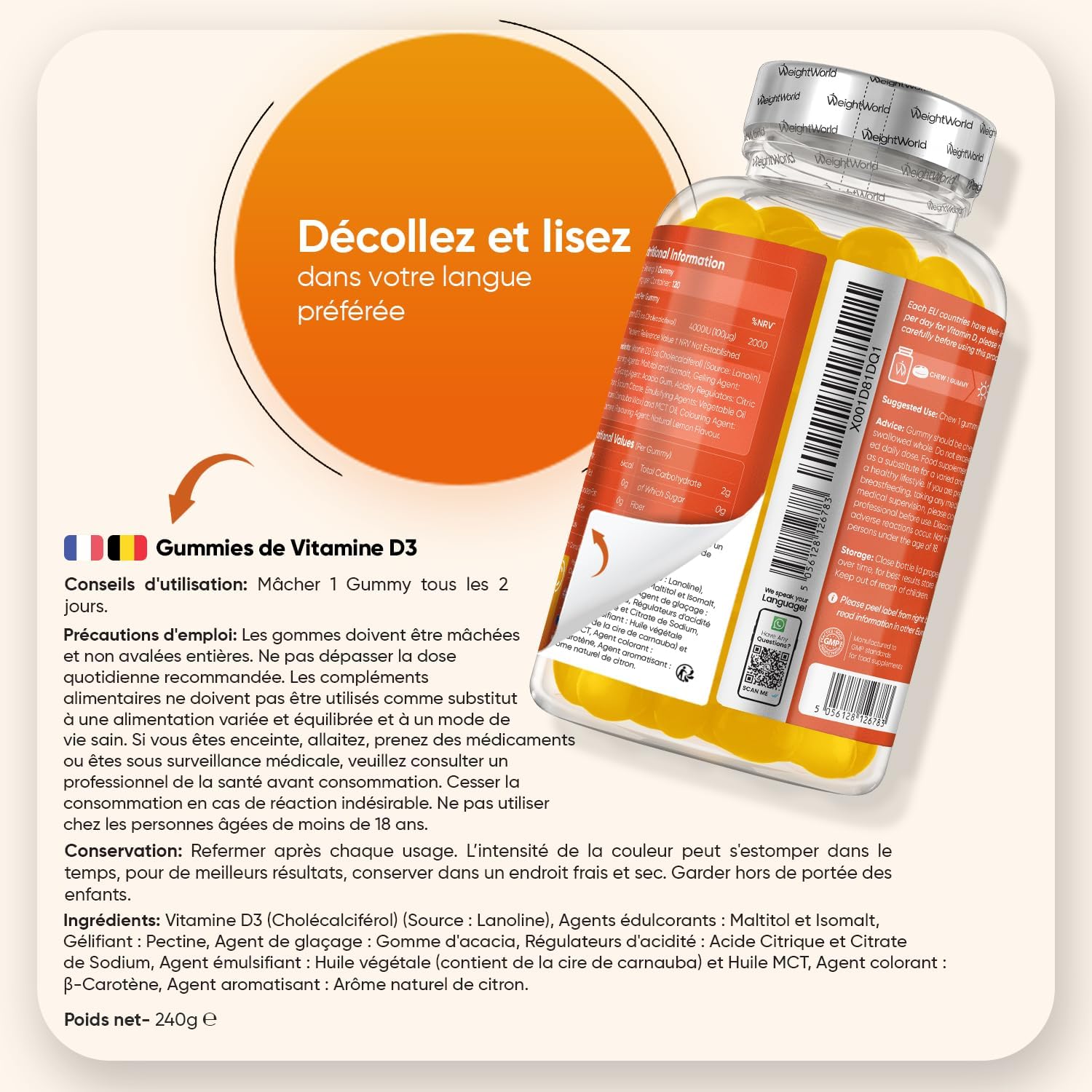 Thumbnail 3 de WeightWorld Vitamine D3 4000 UI en gummies au citron – 120 gélifi és végétariens sans sucre