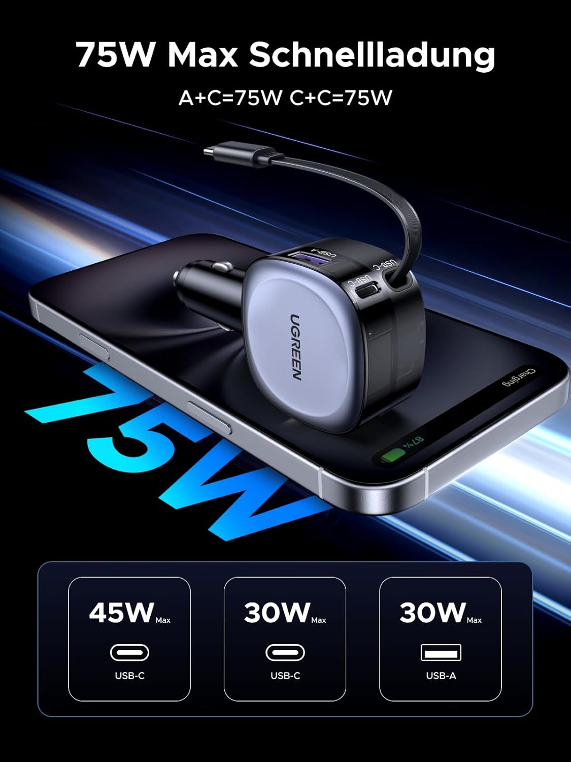 Thumbnail 1 de UGREEN Zigarettenanzünder USB C 75W Einziehbar