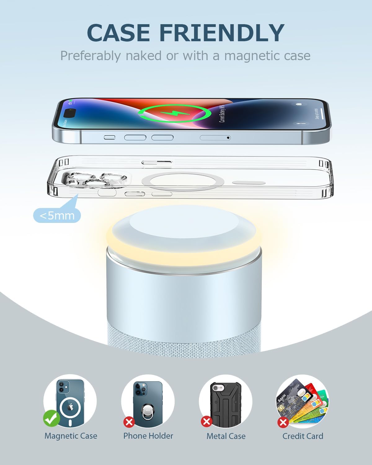 Detalle de COLSUR 2-in-1 Bluetooth Speaker with Wireless Charger and Night Light (for iPhone 16/15/14/13/12 & AirPods Pro/3/2)