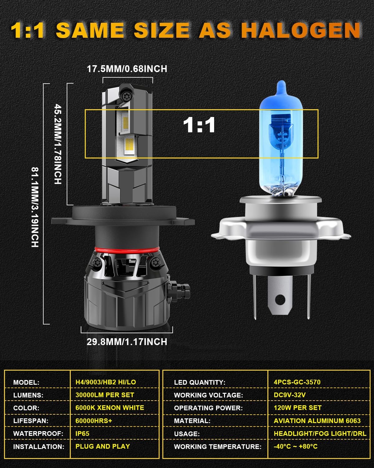 Thumbnail 4 de KATUR H4 LED Headlight Bulbs (9003 HB2 Hi/Lo) – 30000LM, 6000K Xenon White, Mini Cooling System (Pack of 2)