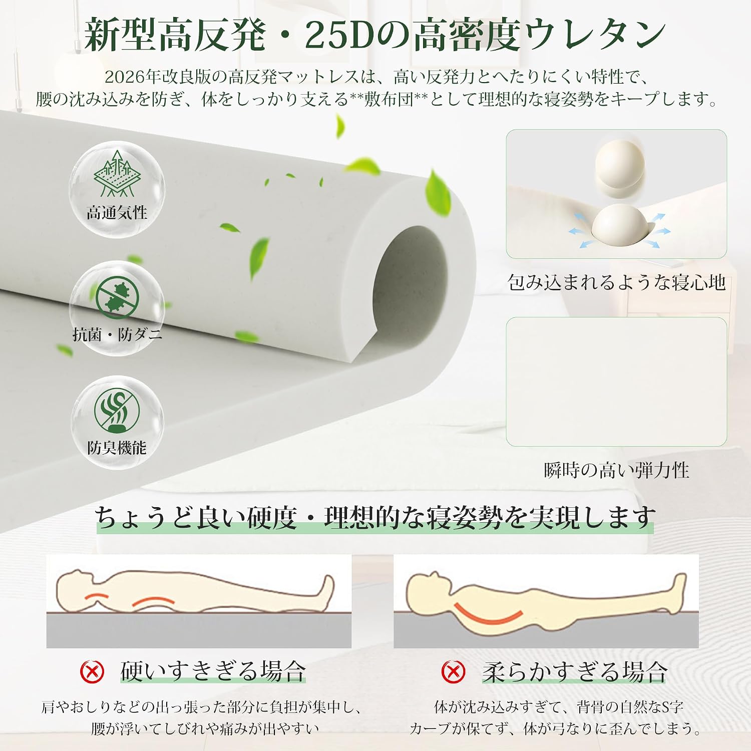 Detalle de VECELO AJ-CD5-GRY 高反発マットレス ダブル 140×200×4cm 通気性・洗えるカバー