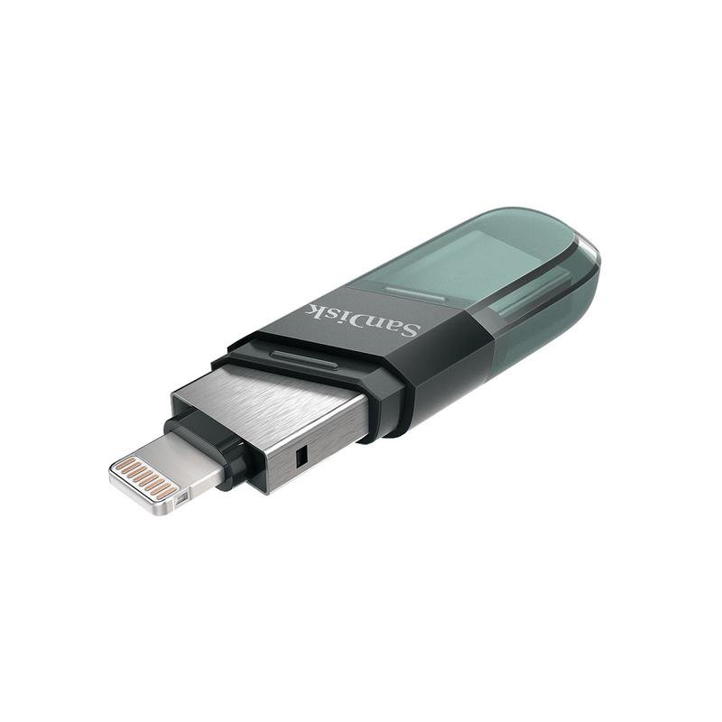 Detalle de SanDisk iXpand Flip 256 GB USB-A / Lightning gris plata: transferencia directa entre iPhone y PC