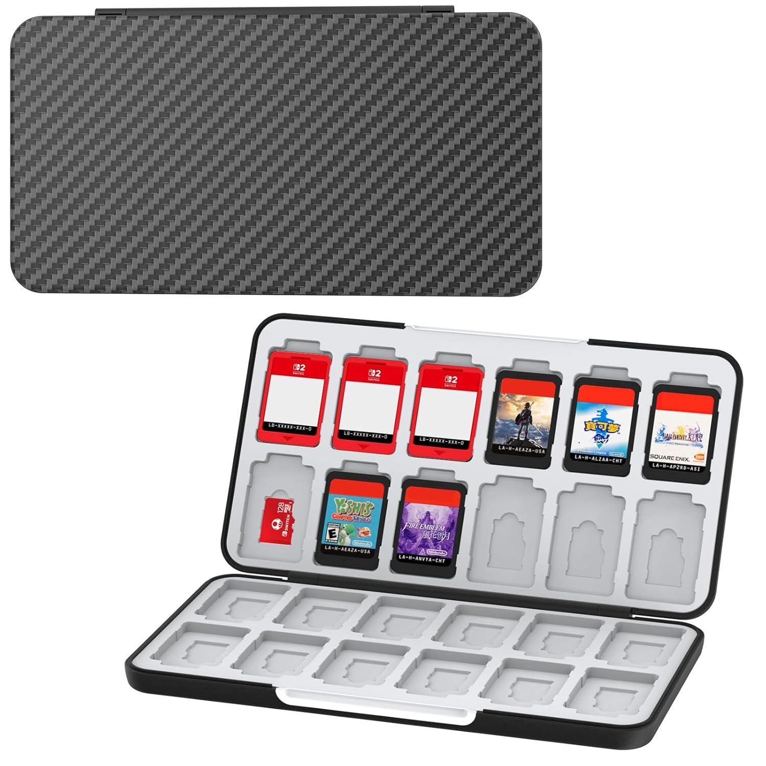 Detalle de HEIYING Game Card Aufbewahrungsbox für Switch 2/ OLED/ Lite – 24 Spielkarten & 24 Micro SD Slots, Kohlenstofffaser-Optik
