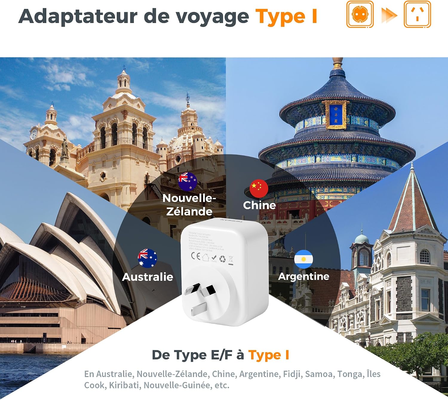 Detalle de TESSAN Lot de 2 Adaptateur Prise Australie avec USB-C et USB-A – 2500 W, 4 en 1, voyage Chine/Australie/Nouvelle-Zélande/Argentine