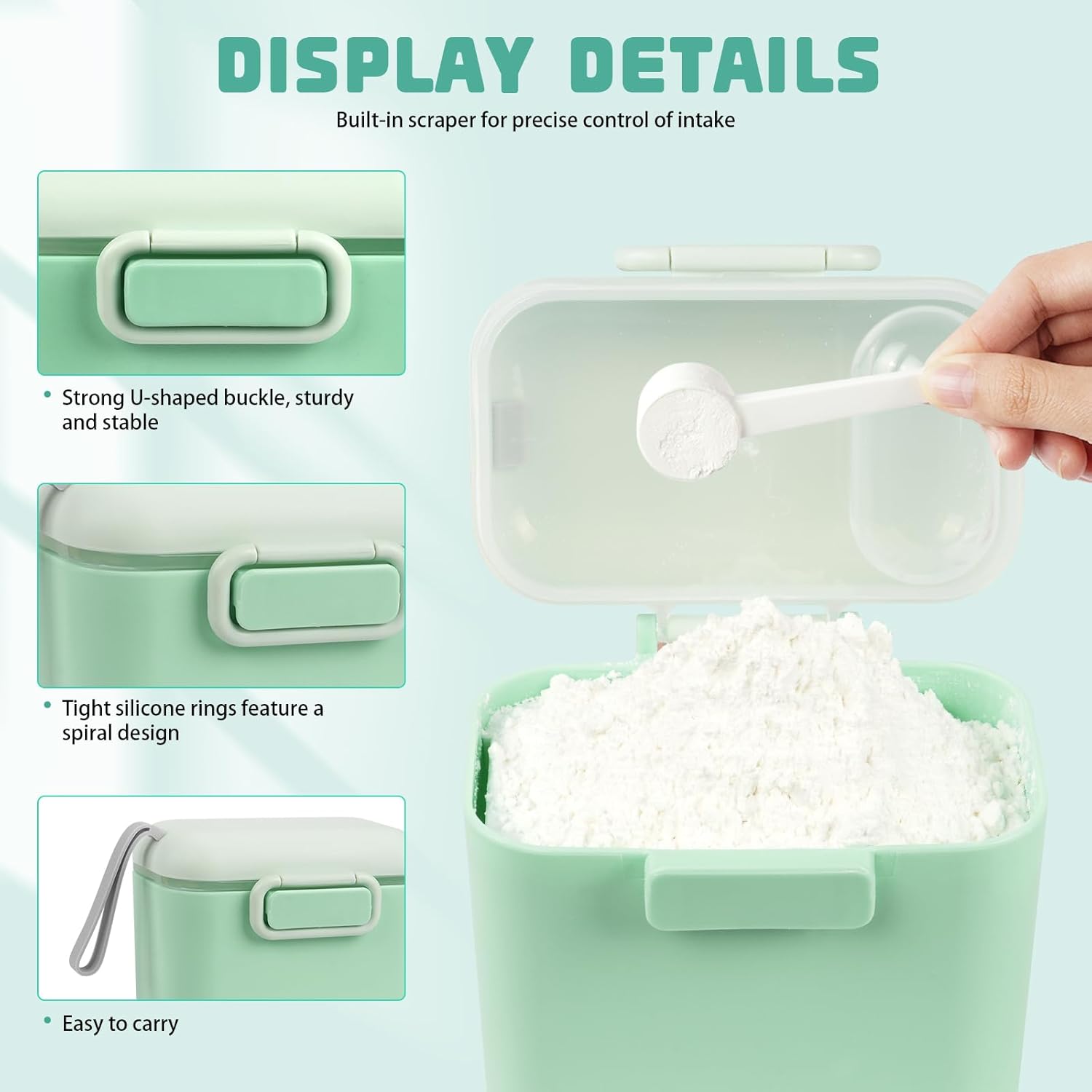 Detalle de Aolso Milk Powder Dispenser 800ml pot with sealed silicone ring cover and 5g spoon (green)