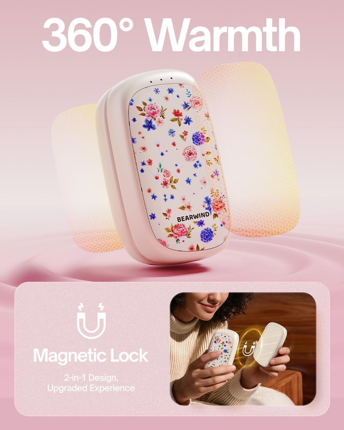 Detalle de Bearwind Rechargeable Hand Warmers, 2-Pack with Floral Design and Magnetic Connection