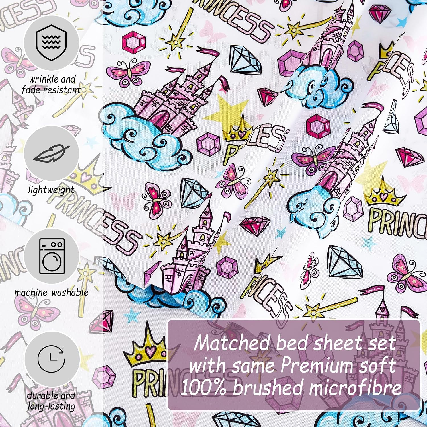 Detalle 2 de Softan Kids Twin Bed Sheet Set, Castle Diamond Microfibre, Deep Pocket