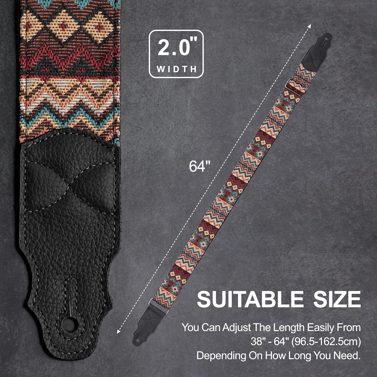 Thumbnail 6 de YIKOKO Gitarrengurt aus Rindsleder-Kopfschicht, verstellbar 38–64" (für Akustik-/Bass- und E-Gitarre)