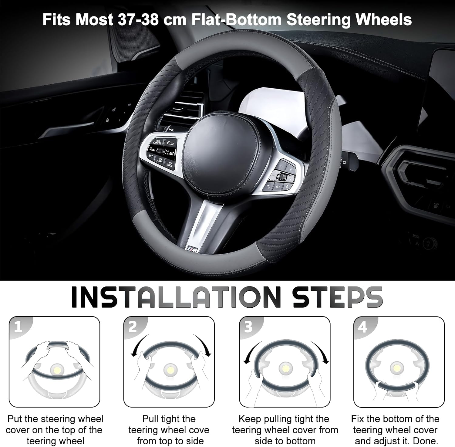 Thumbnail 1 de Universal Microfibre Leather Car Steering Wheel Cover (Soft, Anti-slip, Breathable) – 37–38cm / 14.5–15in, Grey