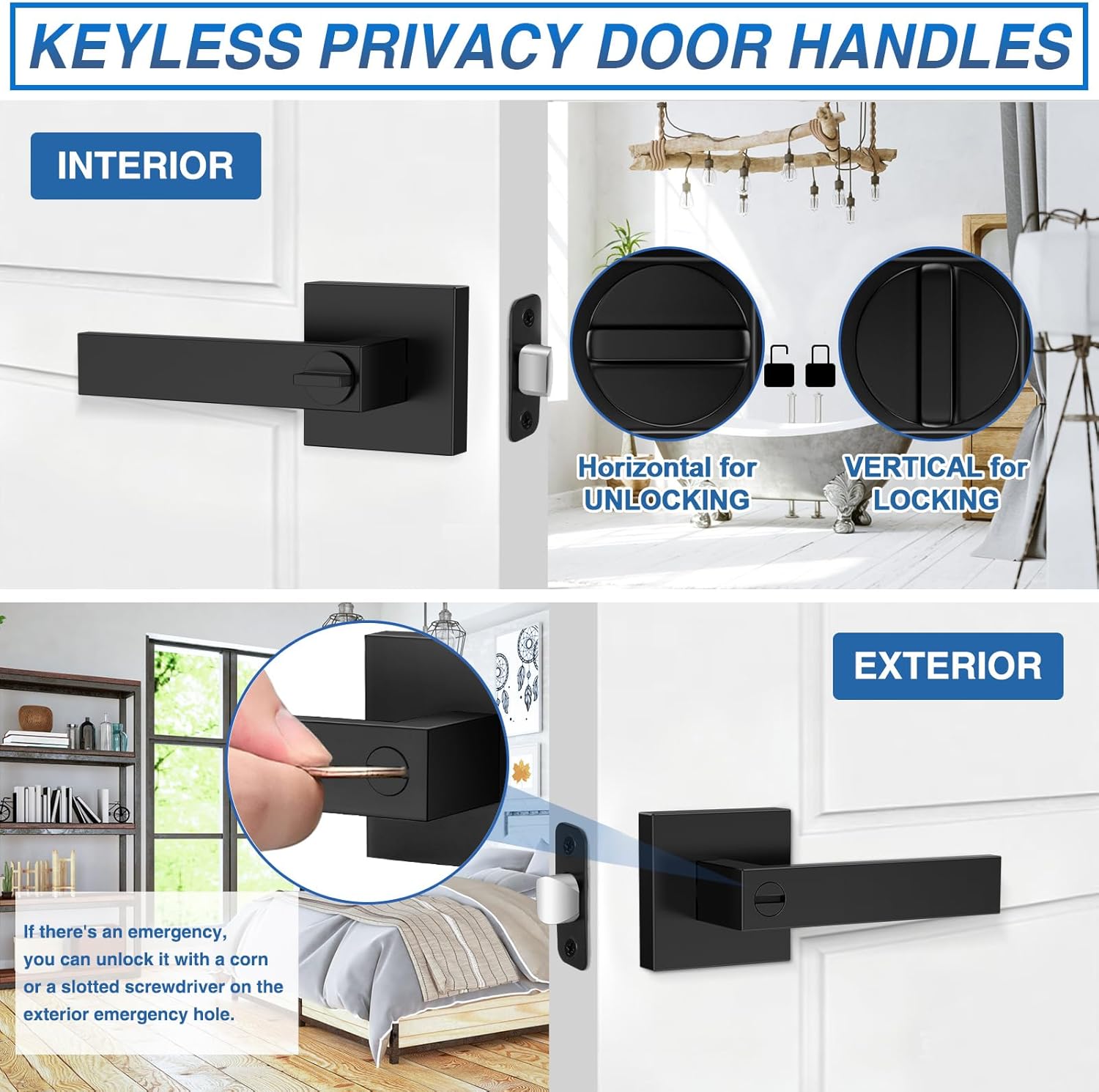 Thumbnail 3 de Plustool 6-Pack Matte Black Keyless Privacy Door Lever Locksets (Square, Reversible)