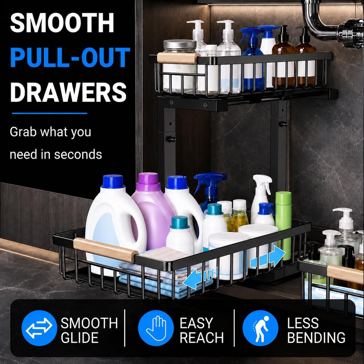 Detalle 2 de GeeBom Under Sink Organizer: 2-Tier Pull-Out Shelf (2-Pack) in Black
