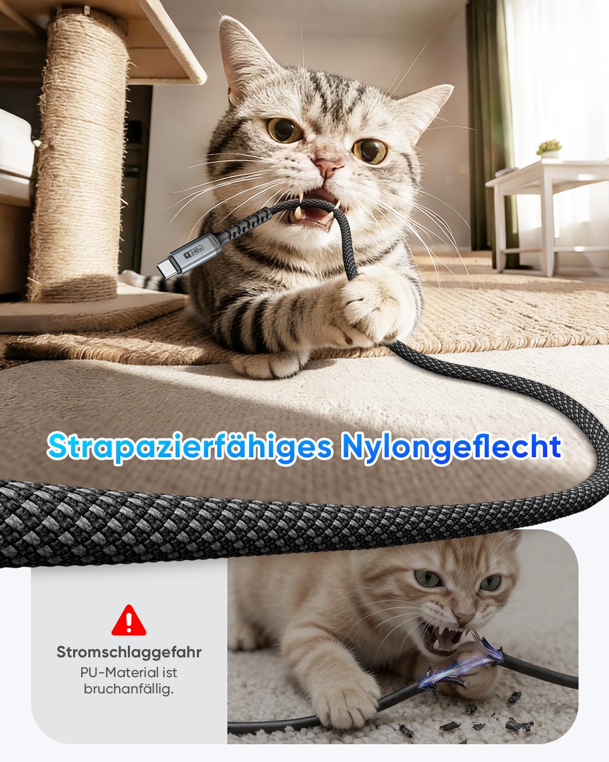 Thumbnail 6 de SUNGUY USB-C auf USB-C Kabel 0,3 m im 2er-Pack – 240 W Schnellladekabel, Grau