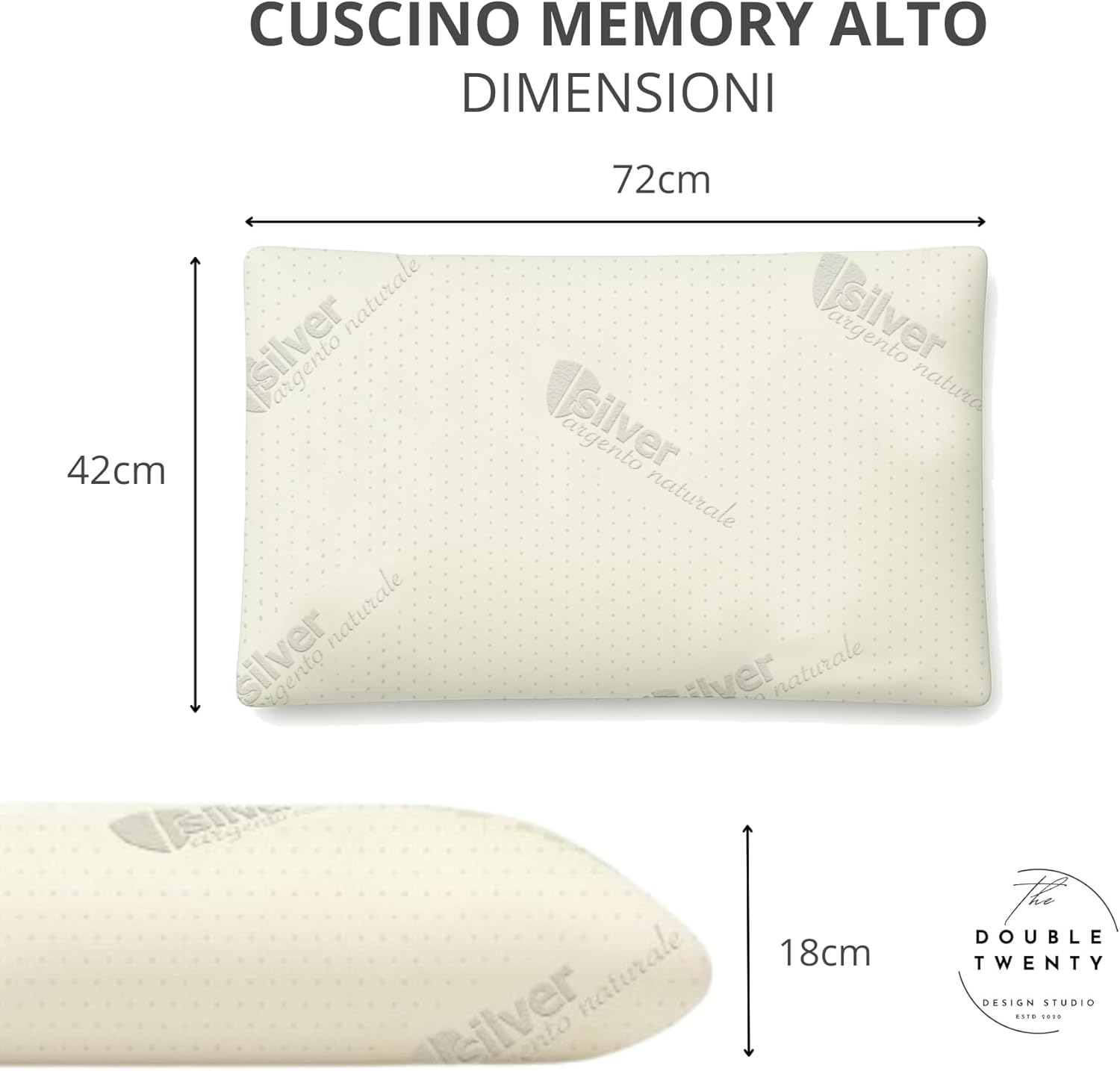 Detalle 2 de The Double Twenty Cuscino Antirussamento in Memory Foam – Sostegno Ergonomico alto 18 cm con fodera in argento naturale