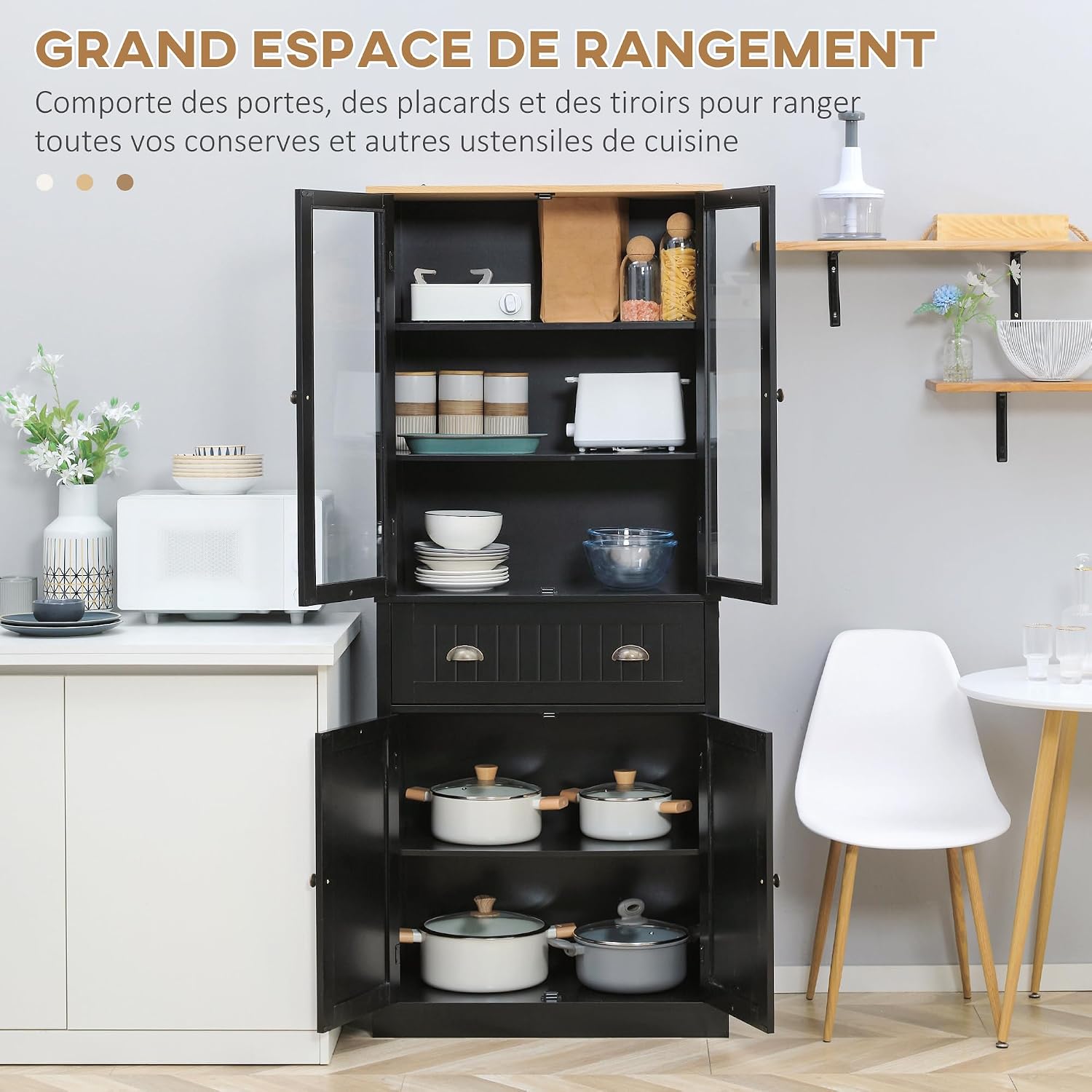 Detalle de HOMCOM Buffet de cuisine noir avec 4 portes dont 2 vitrées et tiroir, 182,5 cm de hauteur