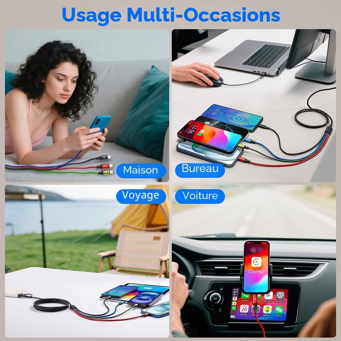 Thumbnail 6 de Minlu Câble de Charge 4-en-2 avec 3 ports et transfert de données – 1,2 m