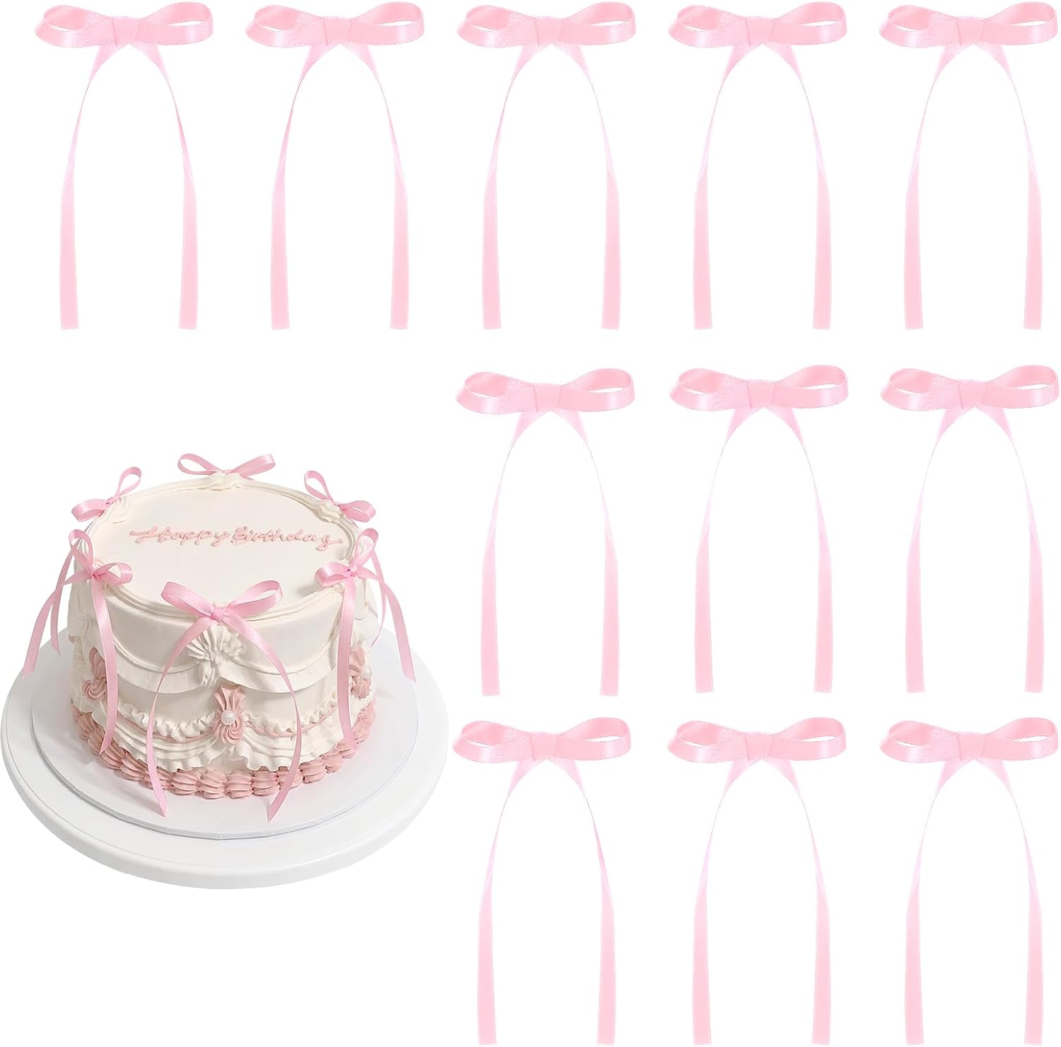 30-Pack Pink Bow Cake Toppers with Ribbons for Coquette-Themed Cakes & Cupcakes