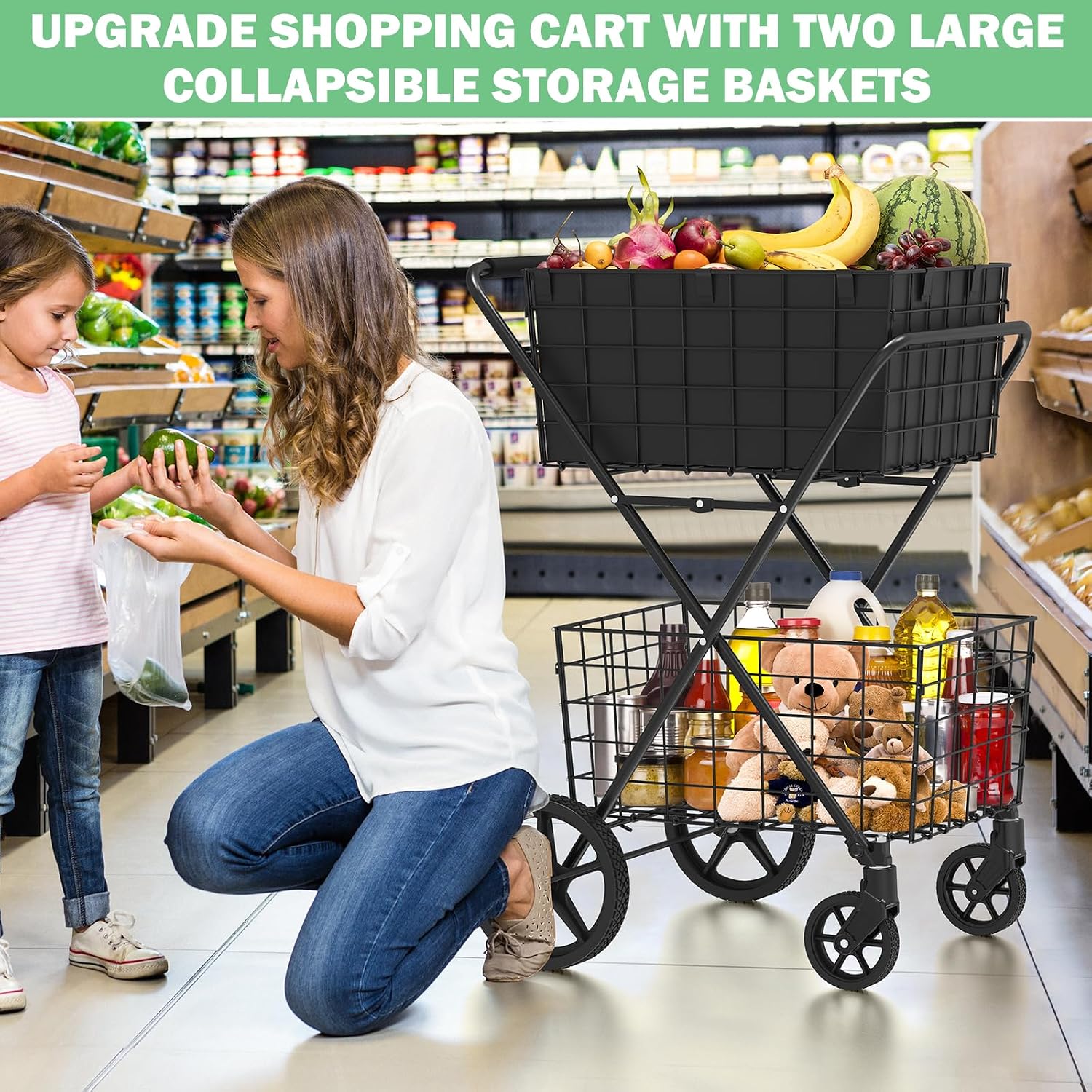 Detalle de RXUJYC 2-Tier Shopping Cart For Groceries 001, Foldable Cart with 2 Baskets