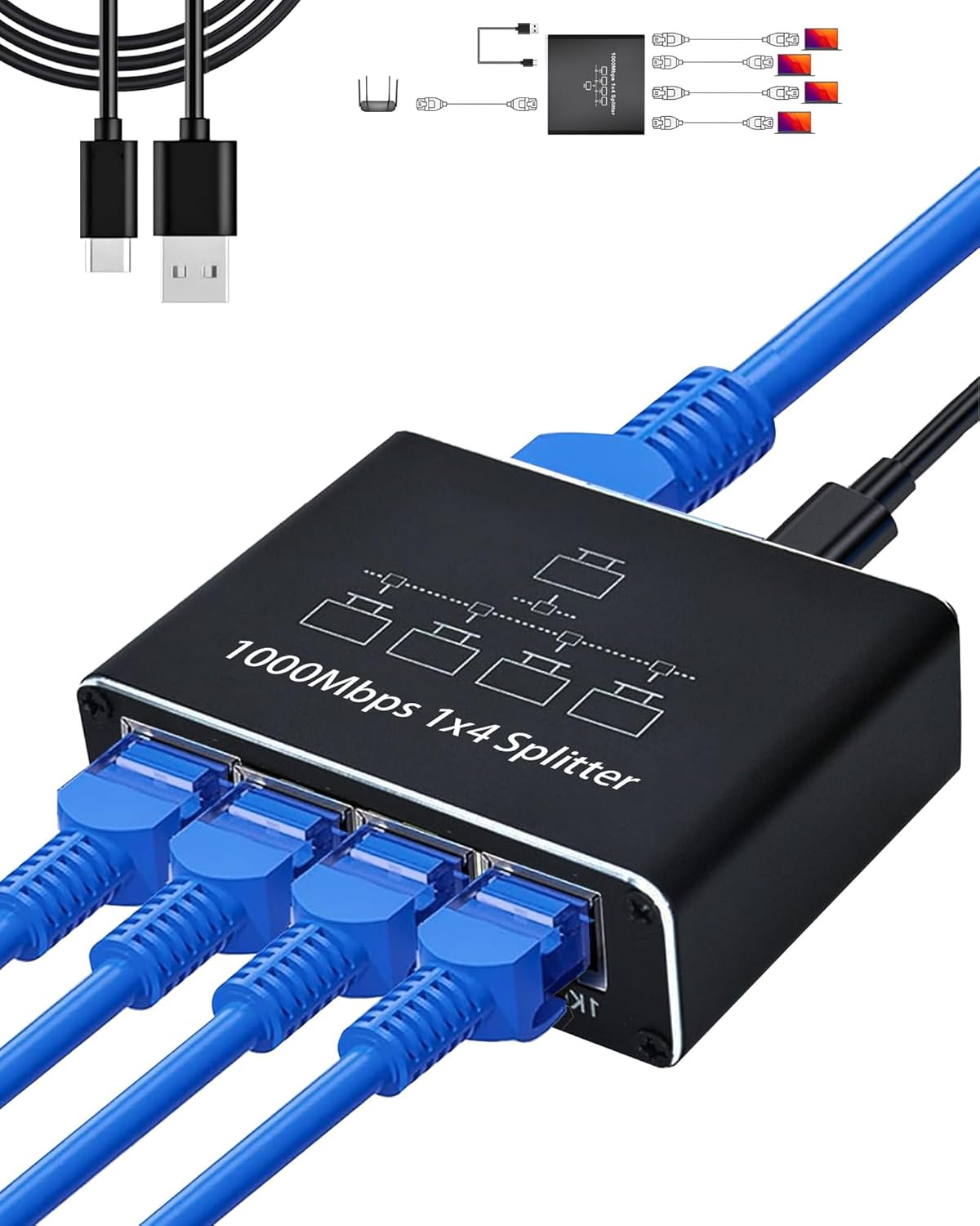 Detalle de LAN Splitter 1 auf 4 mit USB‑C Netzteil – 4‑Port Gigabit‑LAN‑Switch (1 Eingang, bis zu 4 Geräte)