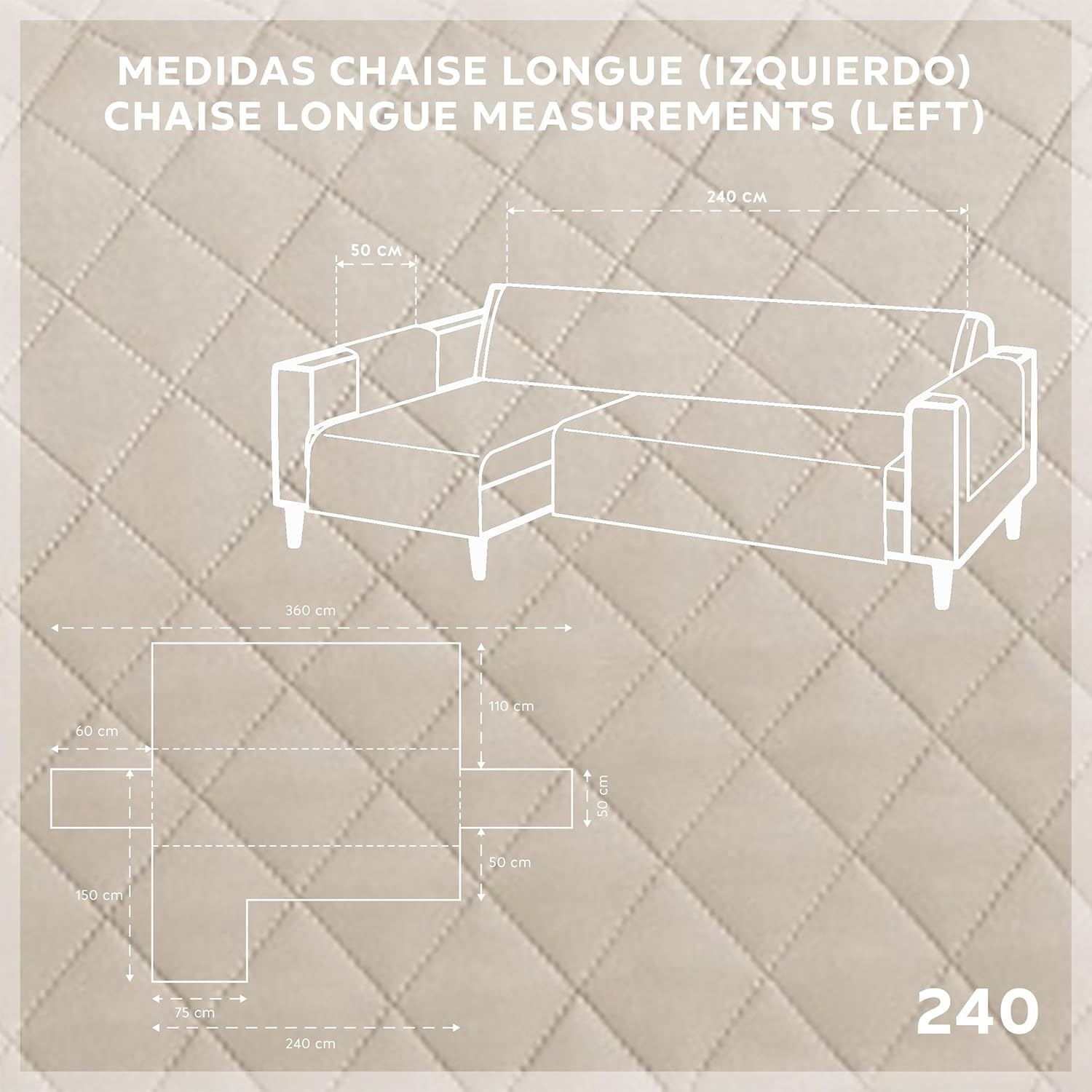 Thumbnail 2 de Textilhome Copridivano Chaise Longue Malu 240cm con Penisola Sinistra — Protezione Trapuntata beige, lavabile e reversibile