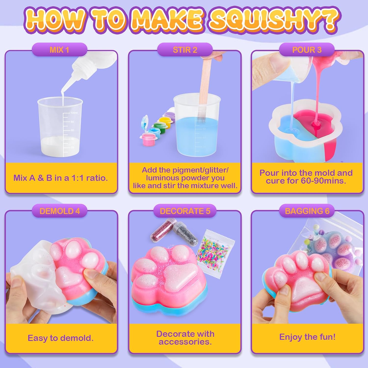 Detalle de Liquid Silicone BIG Squishy Making Kit (480ml) with 9 Moulds – Glow-in-the-dark squishy DIY set for kids
