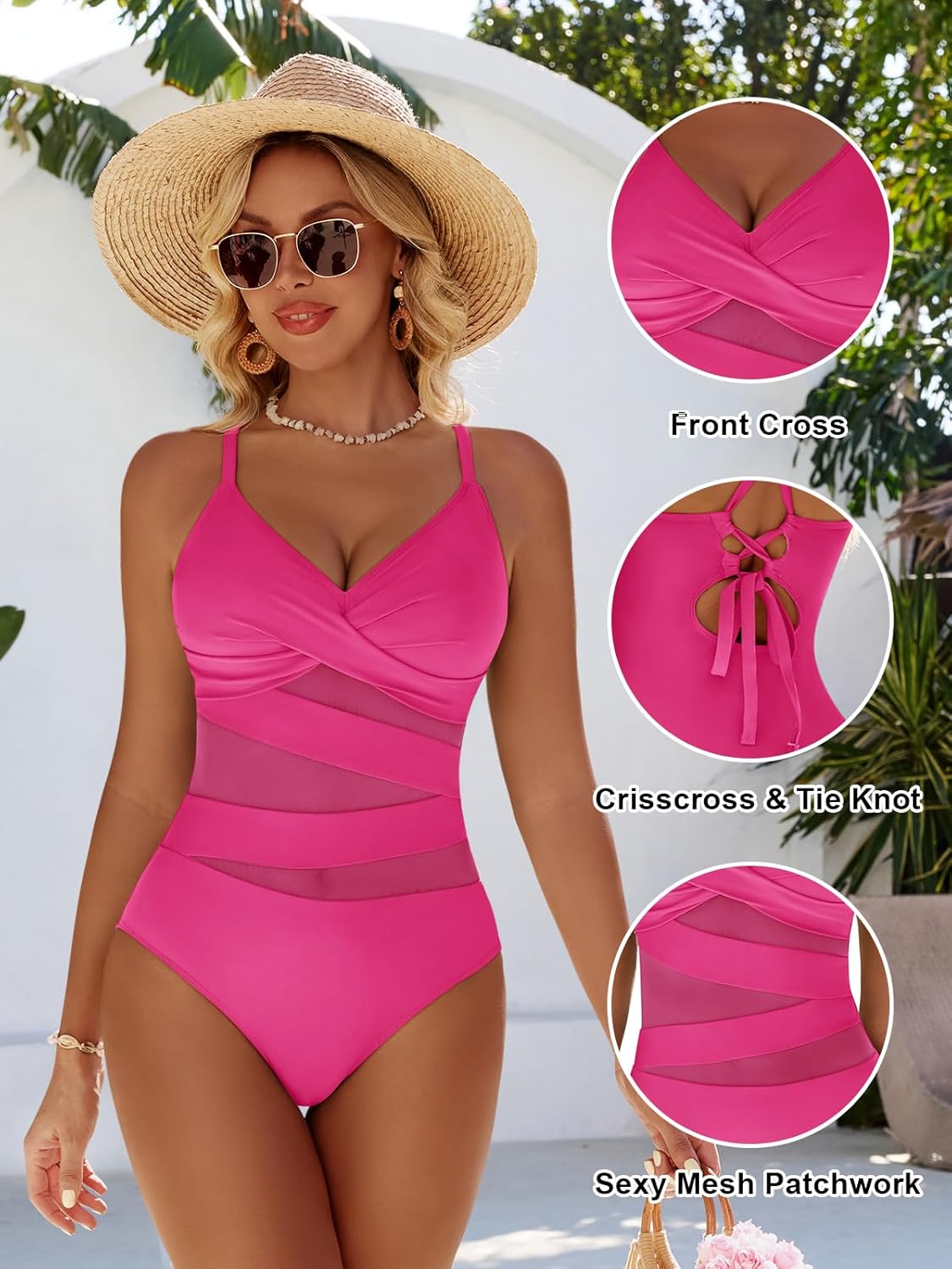 Thumbnail 3 de Dridreo Women's Sexy Mesh Tummy Control Swimsuits with V Neck Push Up One Piece