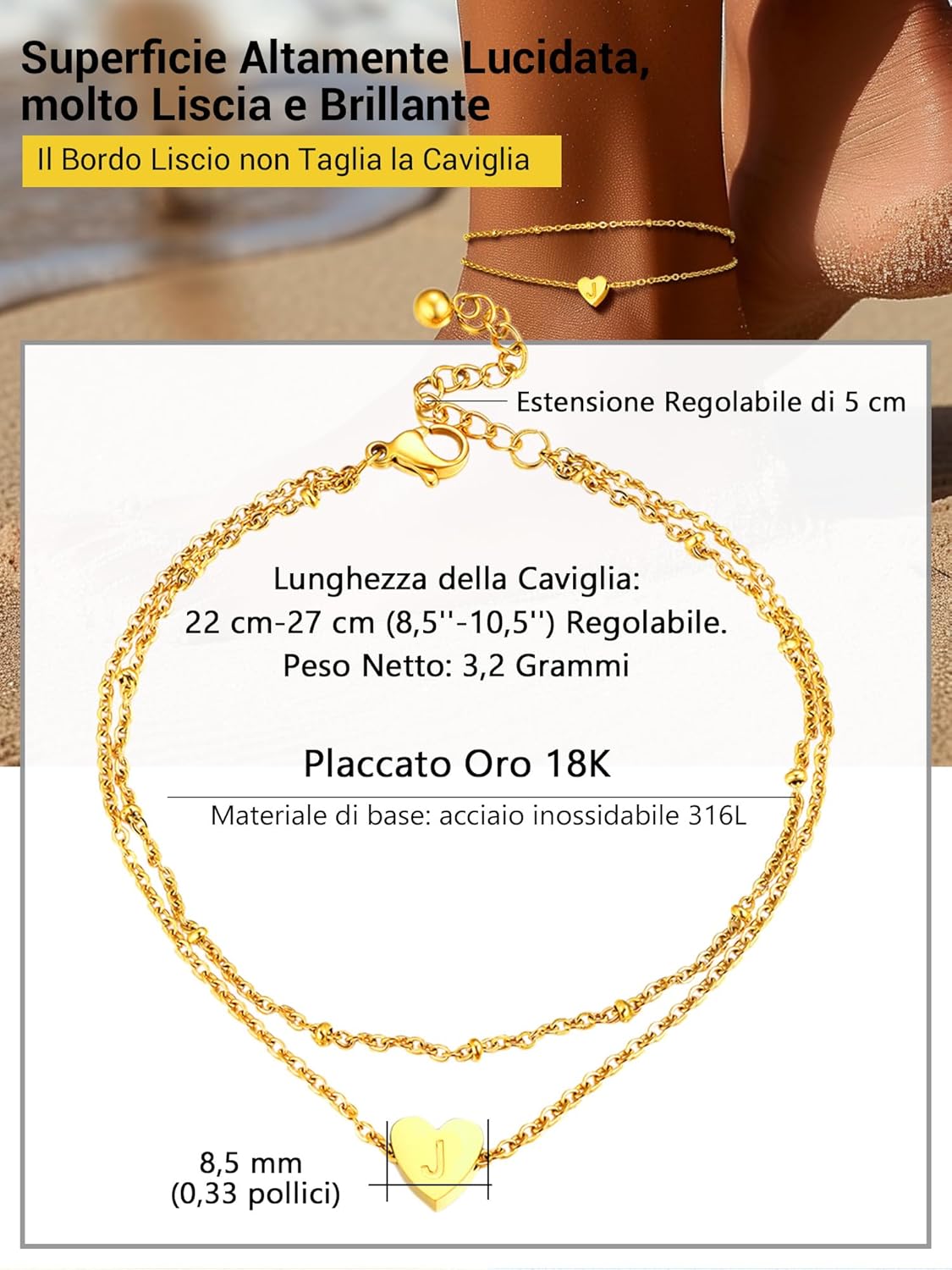 Thumbnail 6 de Cavigliera donna PROSTEEL a doppia catena con pendente cuore e iniziali A–Z in acciaio 316L placcato oro