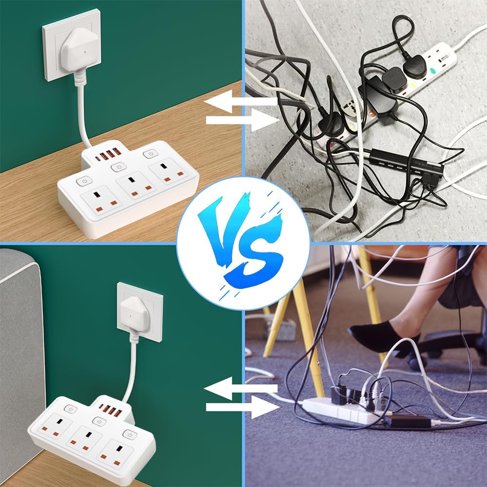 Thumbnail 6 de Multi Plug Extension with Flexible Plug (3 Way, 3 USB, Individual Switched, Black)