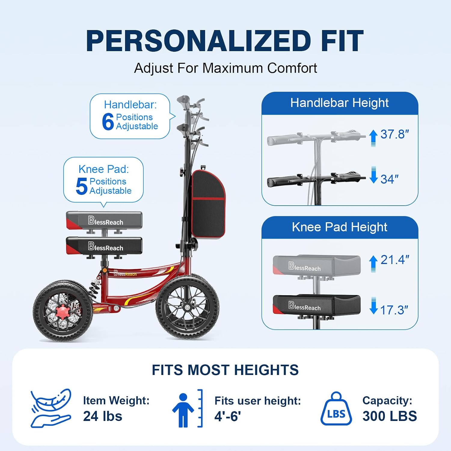 Thumbnail 2 de BlessReach All-Terrain Knee Scooter, Red, 11-Inch Front Wheels & Disc Brakes