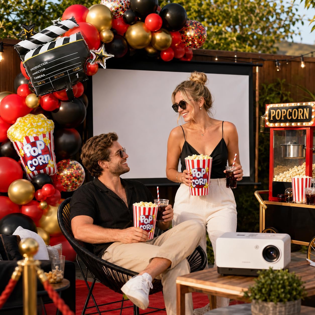 Thumbnail 6 de Movie Night Party Balloons (35 pcs) Red, Black & Gold Confetti with Film Clapboard & Pop Corn Foil Balloon