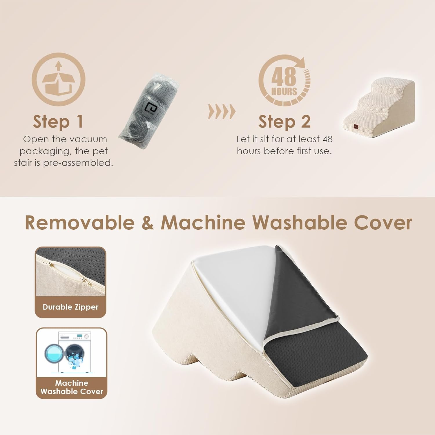 Detalle de EHEYCIGA Curved 3-Step Dog Stairs for Bed and Sofa with Washable Cover