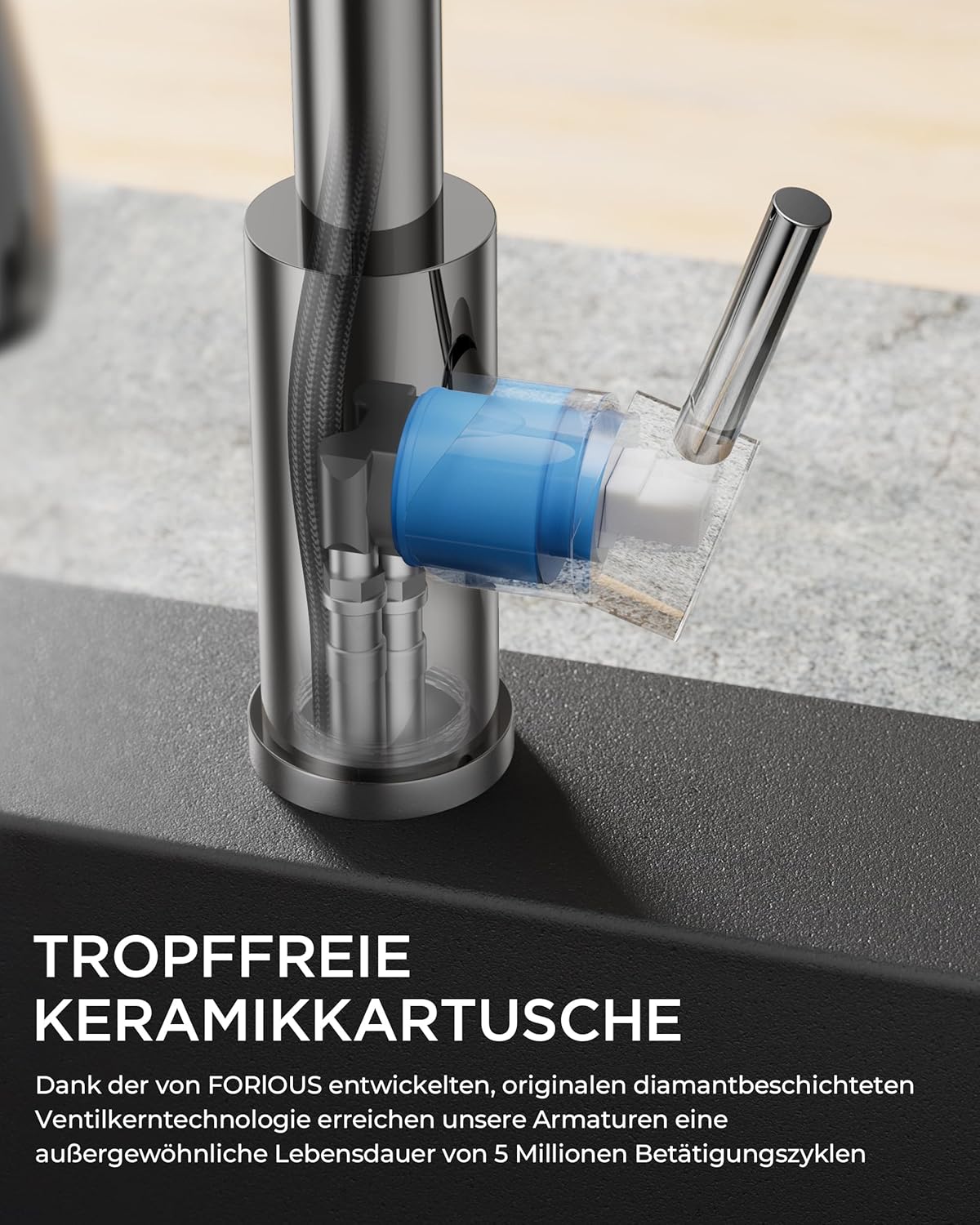 Thumbnail 6 de FORIOUS Wasserhahn Küche – ausziehbare Spültischarmatur, 360° drehbar, drei Strahlarten, Hochbogen, Chrom