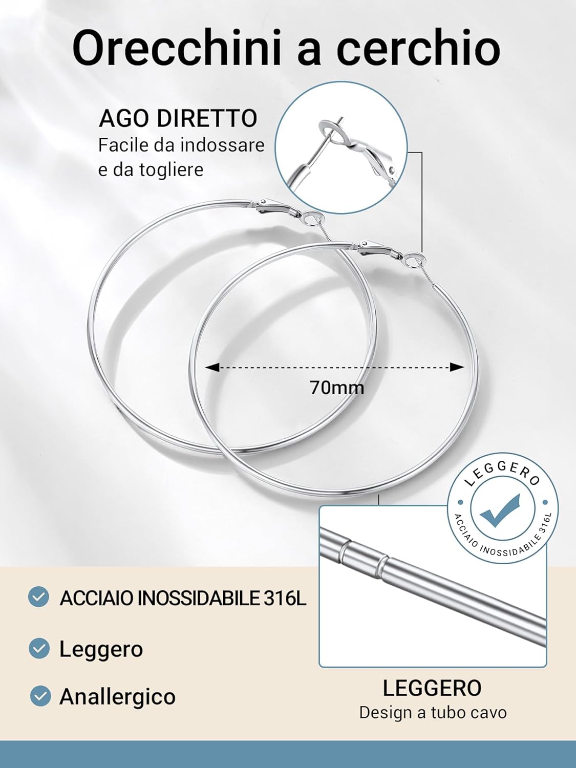 Thumbnail 5 de Set da 3 paia di orecchini a cerchio PROSTEEL in acciaio 316L (grandi 30/50/70 mm), stile classico minimal Y2K