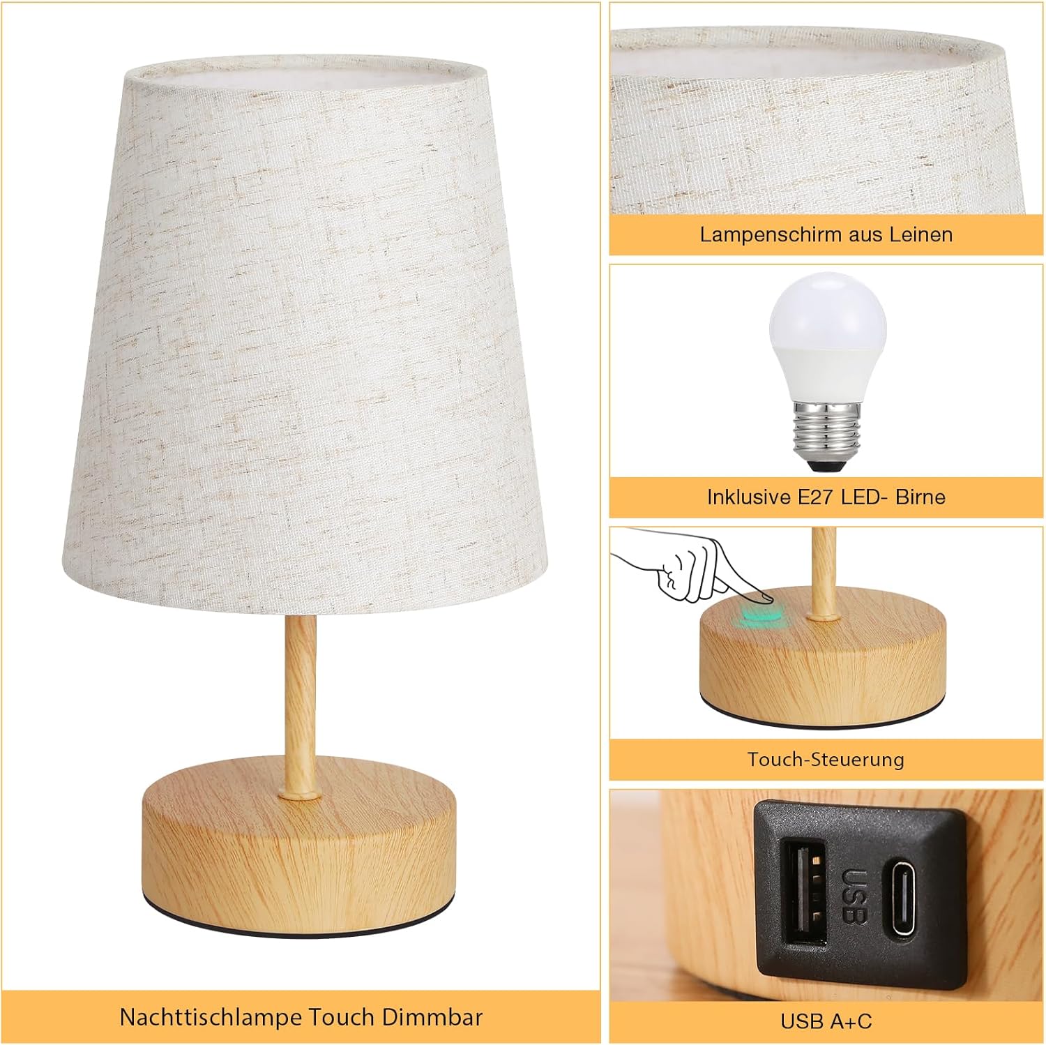 Thumbnail 3 de PreeOtti Touch-dimmbare Nachttischlampe mit USB A+C (inkl. LED-Birne)