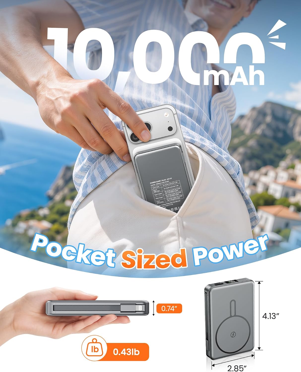 Detalle de RONEGN MC100 Magnetic Power Bank, 10,000mAh, 15W Wireless, Built-In Cables