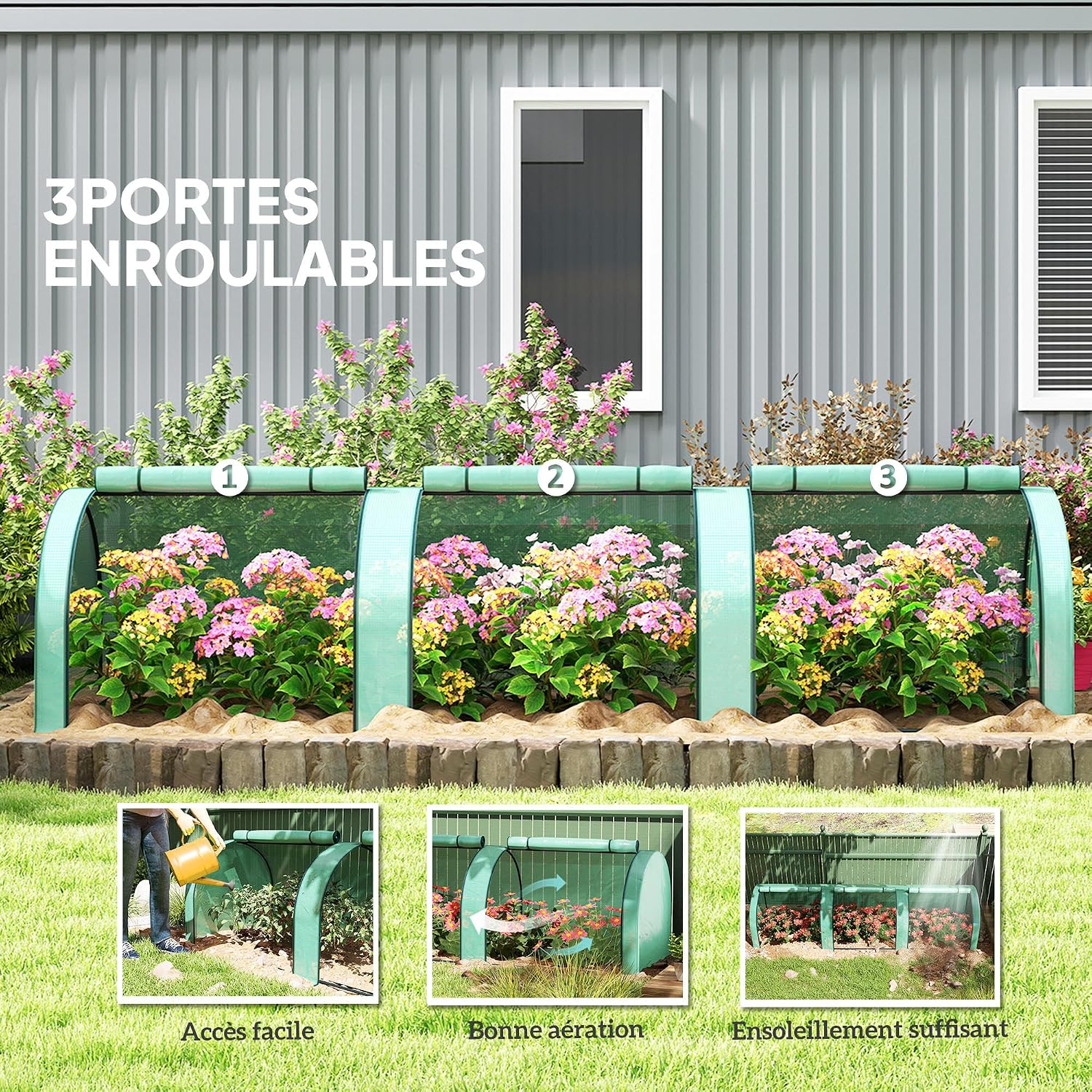 Detalle de Outsunny 845-234V06GN mini-tunnelkas met 3 oprolbare deuren en PE-zeil