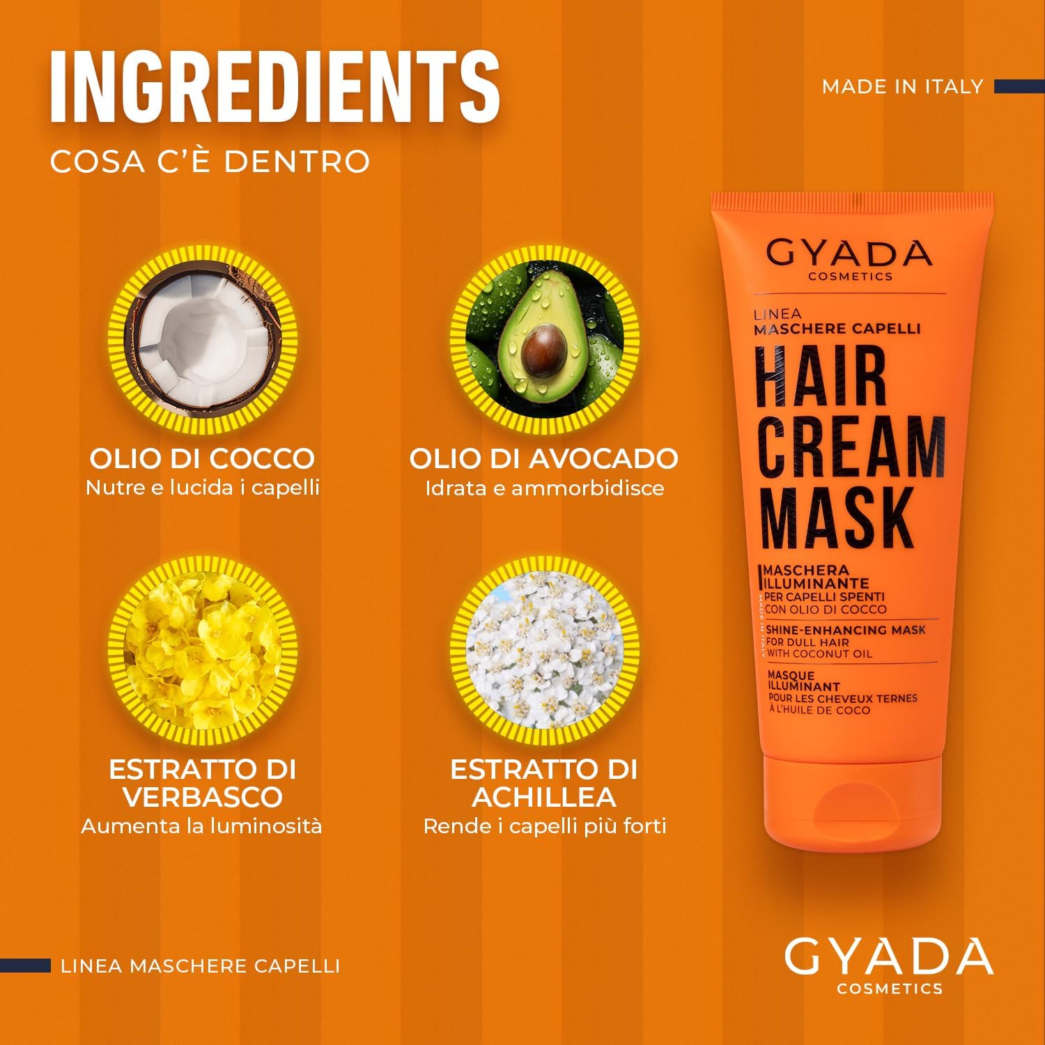 Detalle 2 de GYADA COSMETICS Maschera Capelli Illuminante e Rivitalizzante con Olio di Cocco e Avocado, 200 ml