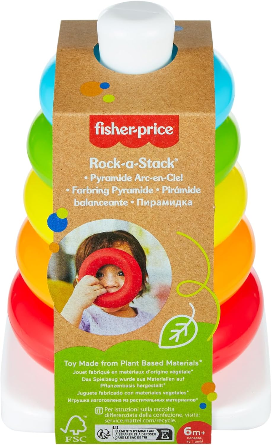 Thumbnail 5 de Fisher-Price HPY92 Jouet culbuto à empiler pyramide arc-en-ciel avec 5 anneaux colorés