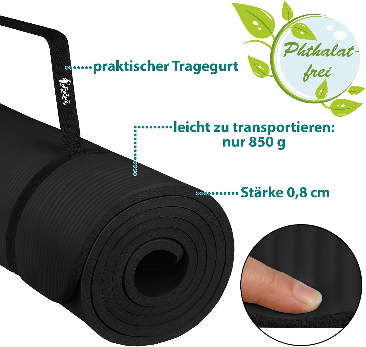Thumbnail 4 de ALPIDEX Yogamatte 183 x 60 x 0,8 cm – phthalatfreie Fitnessmatte mit rutschfestem Kautschuk und Tragegurt