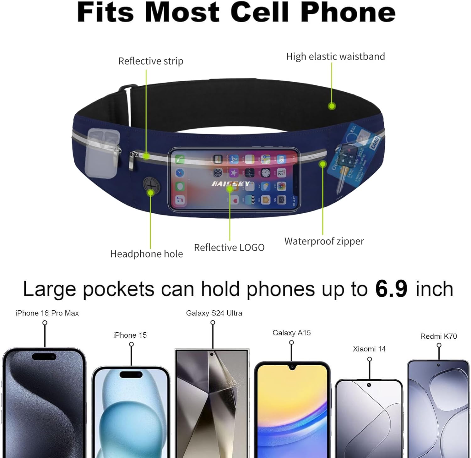 Thumbnail 2 de HAISSKY Laufgürtel – verstellbarer Hüftgurt für Handy bis 6,9 Zoll, 3 Reißverschlussfächer, reflektierende Details
