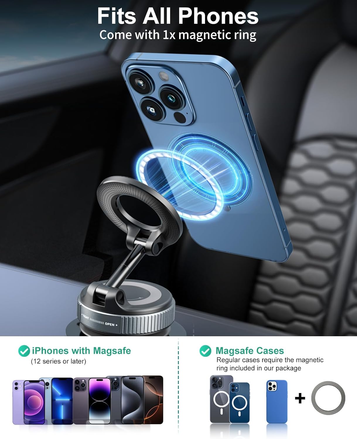 Detalle 2 de 2026 Magnetic Suction Phone Mount for MagSafe – 360° Adjustable Vacuum Suction Car Holder (Black)