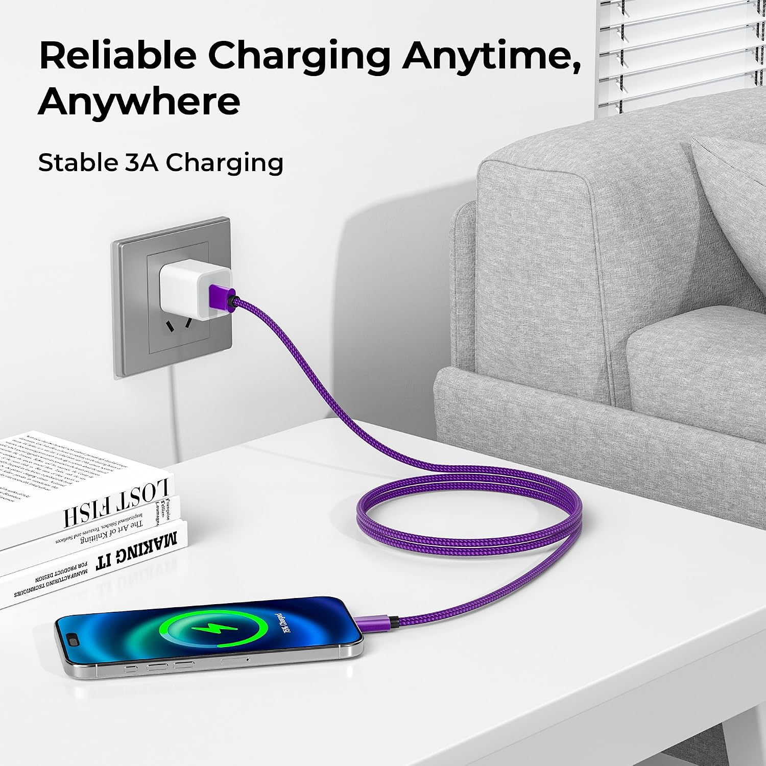 Thumbnail 5 de Basesailor NLUSBATOCC USB-A to USB-C Cable 2-Pack, Purple, 10 ft